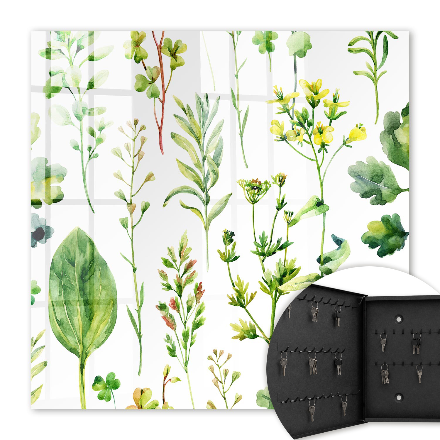 Armoire À Clés - (30 Cm X 30 Cm) - Boîte À Clés Murale - Coffret De Rangement Pour Clés - Couleur Noire - Ouverture Vers La Gauche - Pour Maison Et Bureau - Aquarelle De Plantes