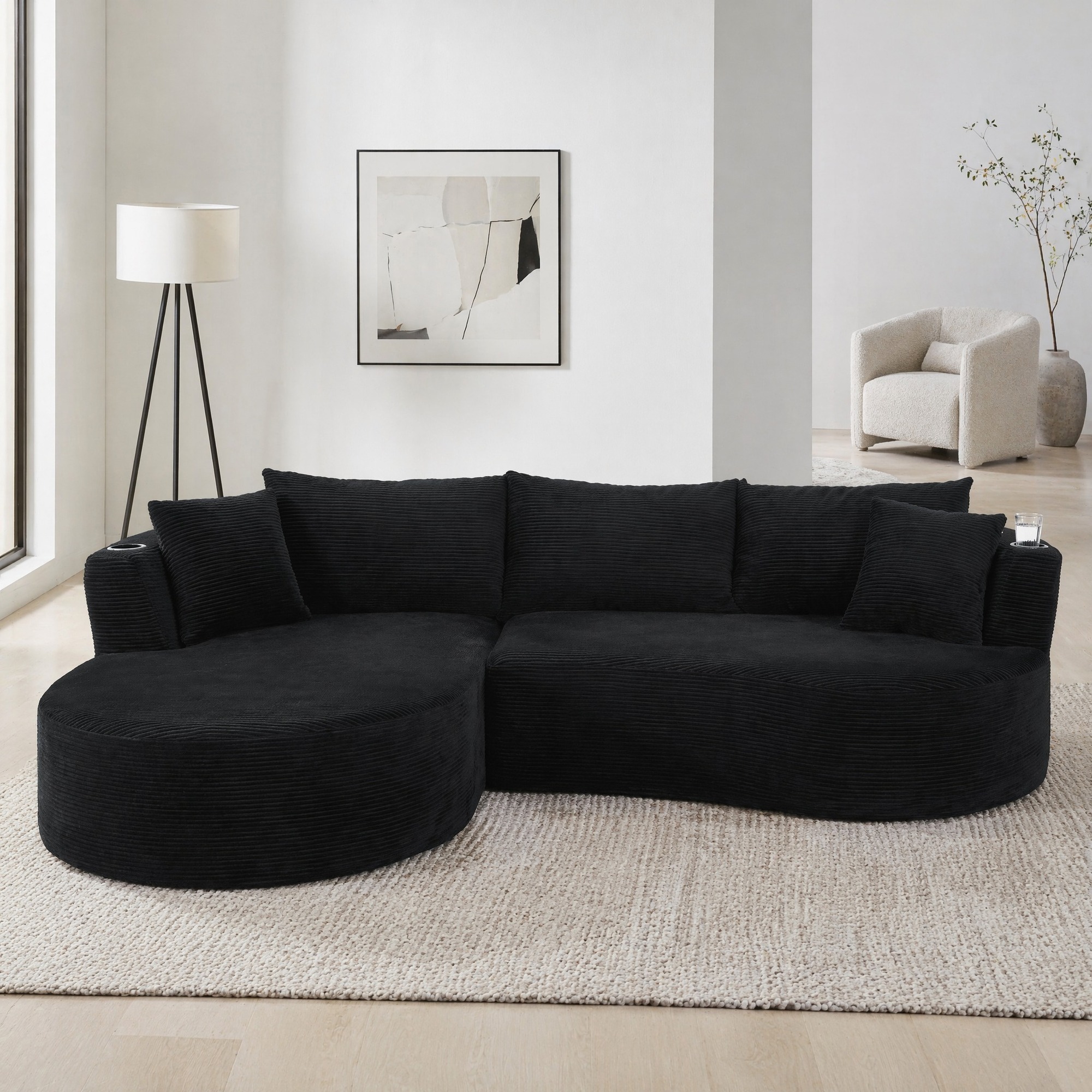 Canapé D'Angle 3 Places Avec Chaise Longue Gauche, Tissu Effet Corde Noir, 264 Cm