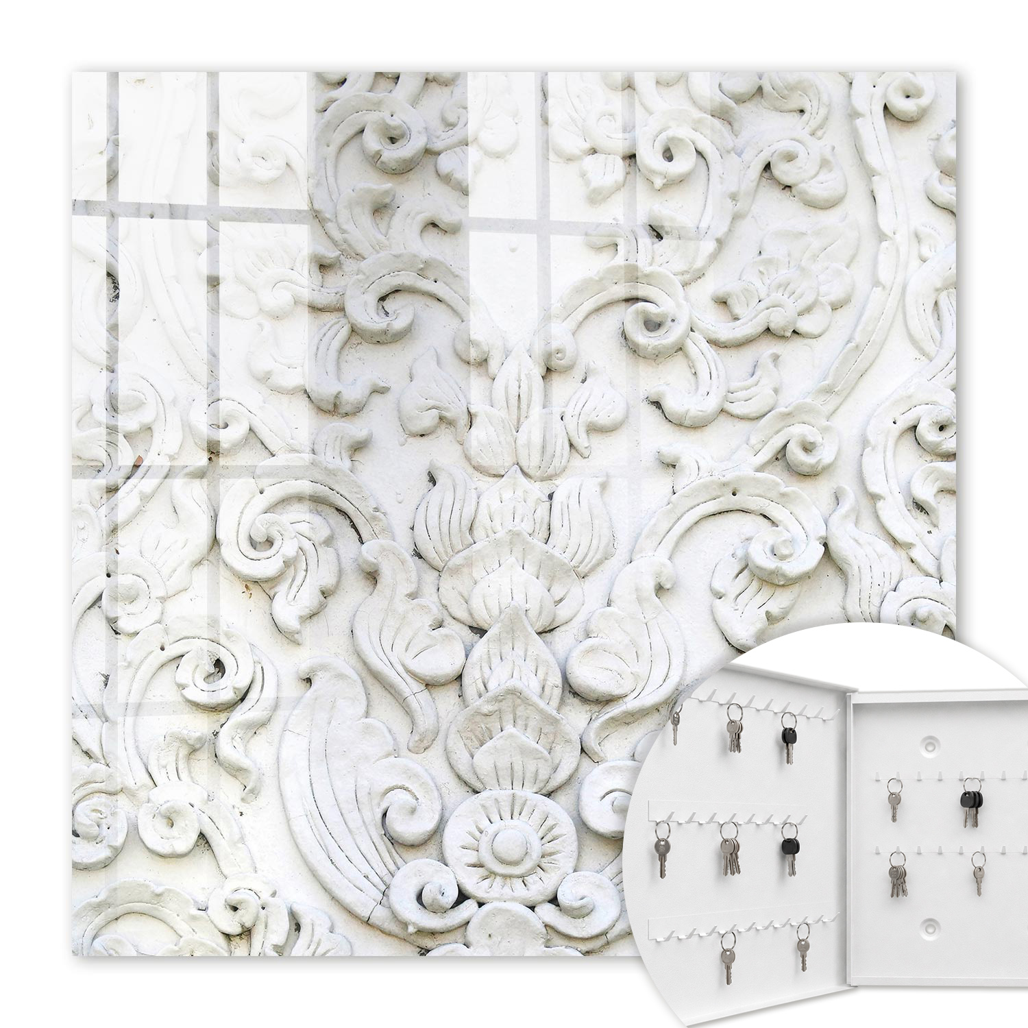 Armoire À Clés - (30 Cm X 30 Cm) - Boîte À Clés Murale - Coffret De Rangement Pour Clés - Couleur Blanche - Ouverture Vers La Gauche - Pour Maison Et Bureau - Ornements Blancs