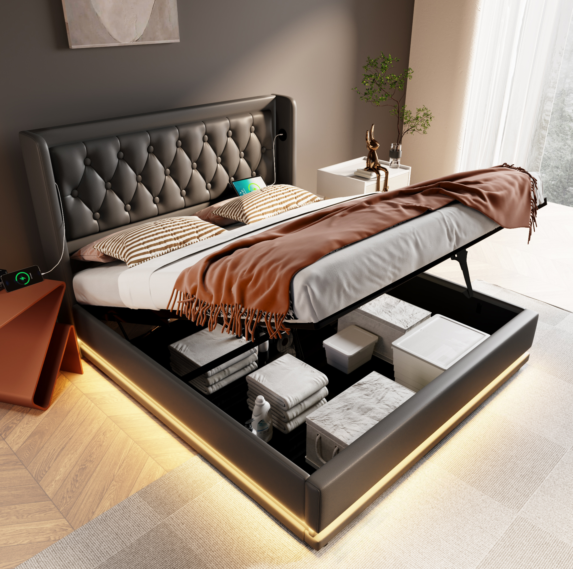 Lit Double 180x200 Cm En Pu Noir Avec Rangement Hydraulique, Led 3 Côtés Et Usb Type-c