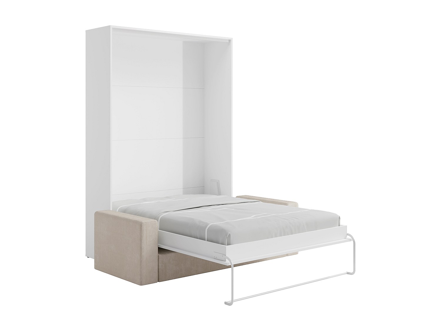 Lit Escamotable 140 X 200 Cm - Ouverture Verticale Manuelle - Blanc + Matelas + Canapé En Velours Côtelé Beige - Beganio