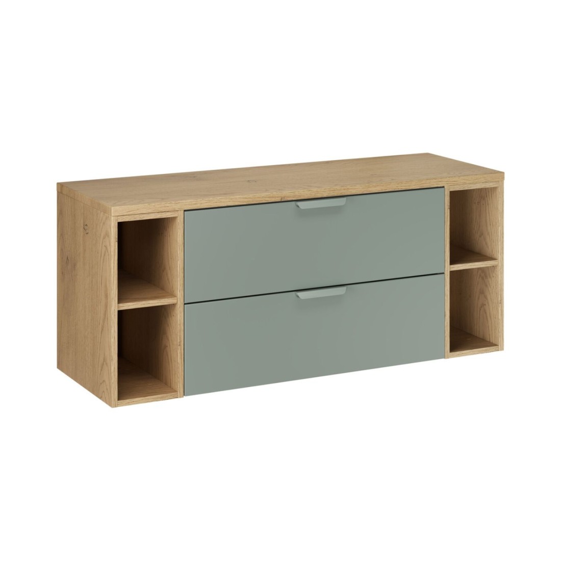 Ensemble Oster 120cm: Meubles Sous Vasque À Tiroirs Vert Sauge Et Niches Visibles + Plan Pour Vasque Aspect Chêne Clair
