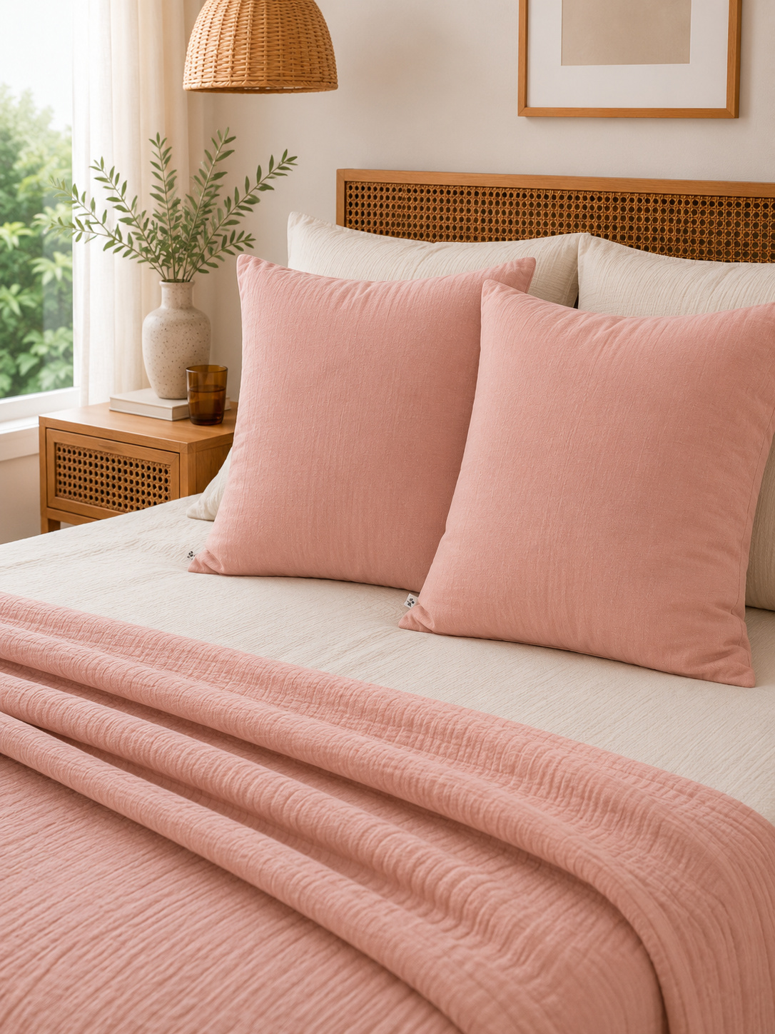 Lot De 2 Taies D'oreiller 60 X 60 Cm - Double Gaze De Coton - Gaïa Rose Pêche