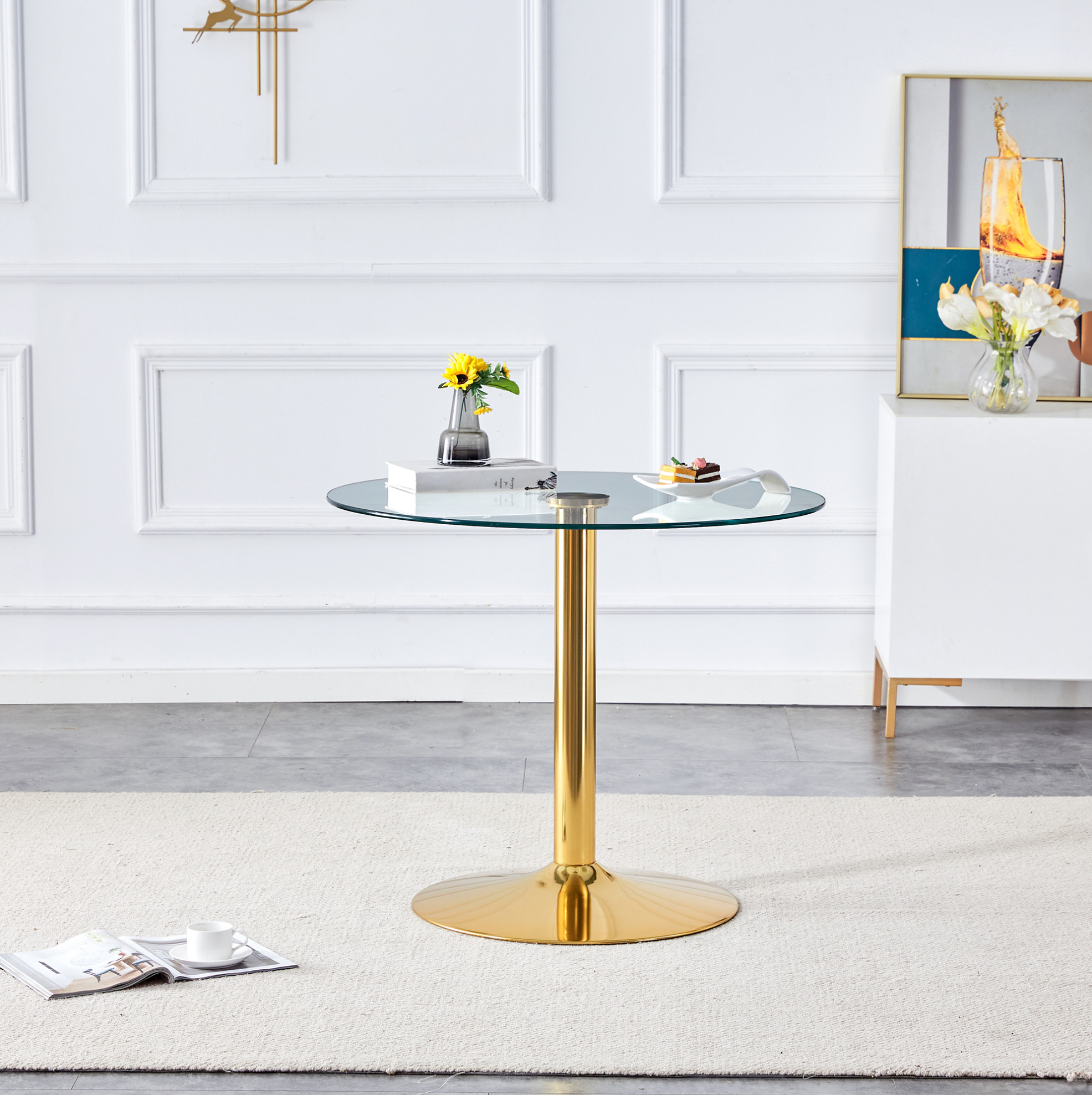 Redom - Table De Bar 85x85x76 Cm, Plateau En Verre Trempé, Base Métallique Stable, Verre Et Métal, Or Et Transparent
