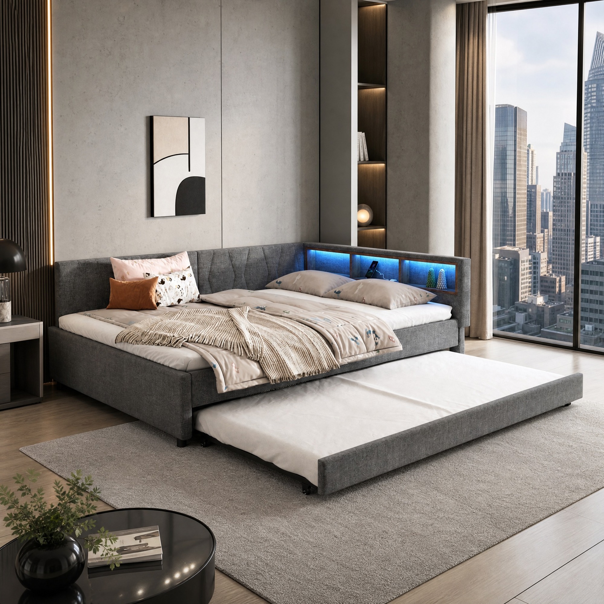 Lit De Jour Escamotable 140x200 Cm Avec Rangement, Usb+usb-c, Led, Lin Gris