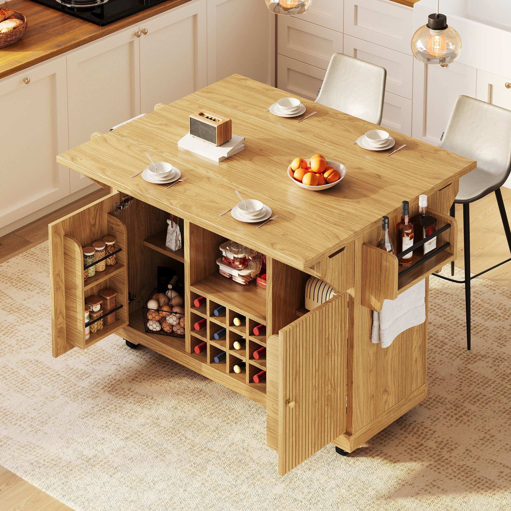 Îlot De Cuisine 142.5x80x95 Cm, Hauteur Ergonomique, Rangements Multiples, Mdf Couleur Bois Naturel