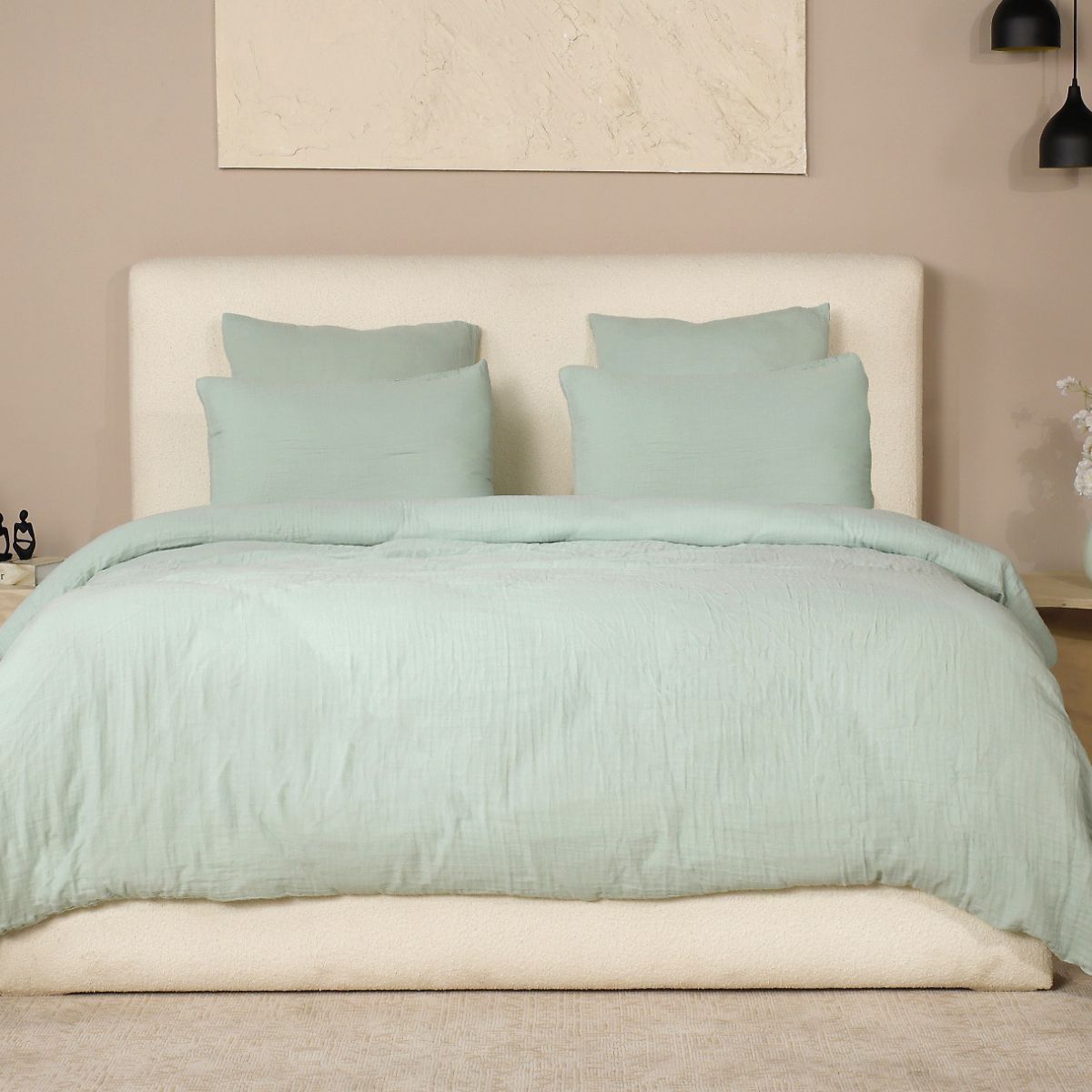 Parure Housse De Couette 240x220cm + 2 Taies 100% Gaze De Coton Lavée Vert Givré - Valma