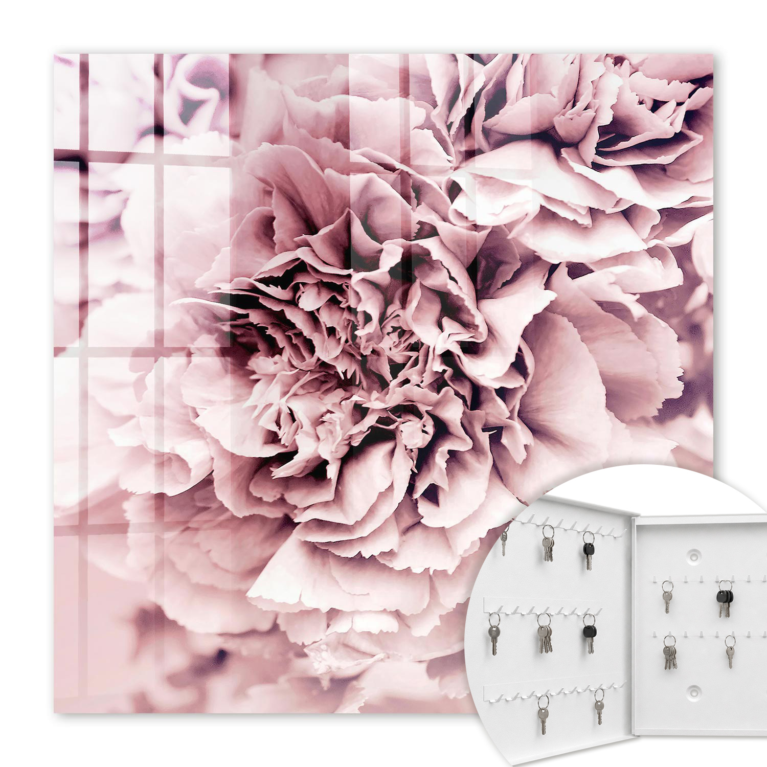 Armoire À Clés - (30 Cm X 30 Cm) - Boîte À Clés Murale - Coffret De Rangement Pour Clés - Couleur Blanche - Ouverture Vers La Gauche - Pour Maison Et Bureau - Fleur Rose