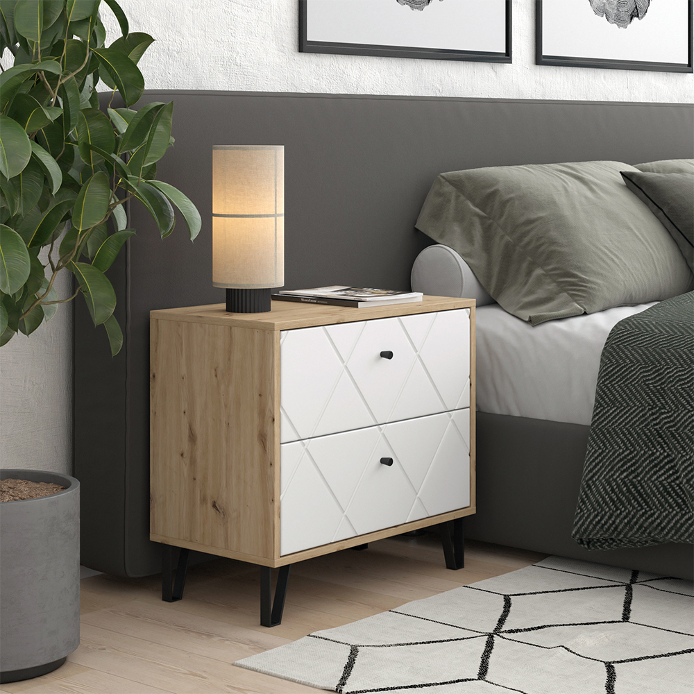 Table De Chevet Nizza, Artisan/blanc, 66x60.2cm Avec 2 Tiroirs, Vicco