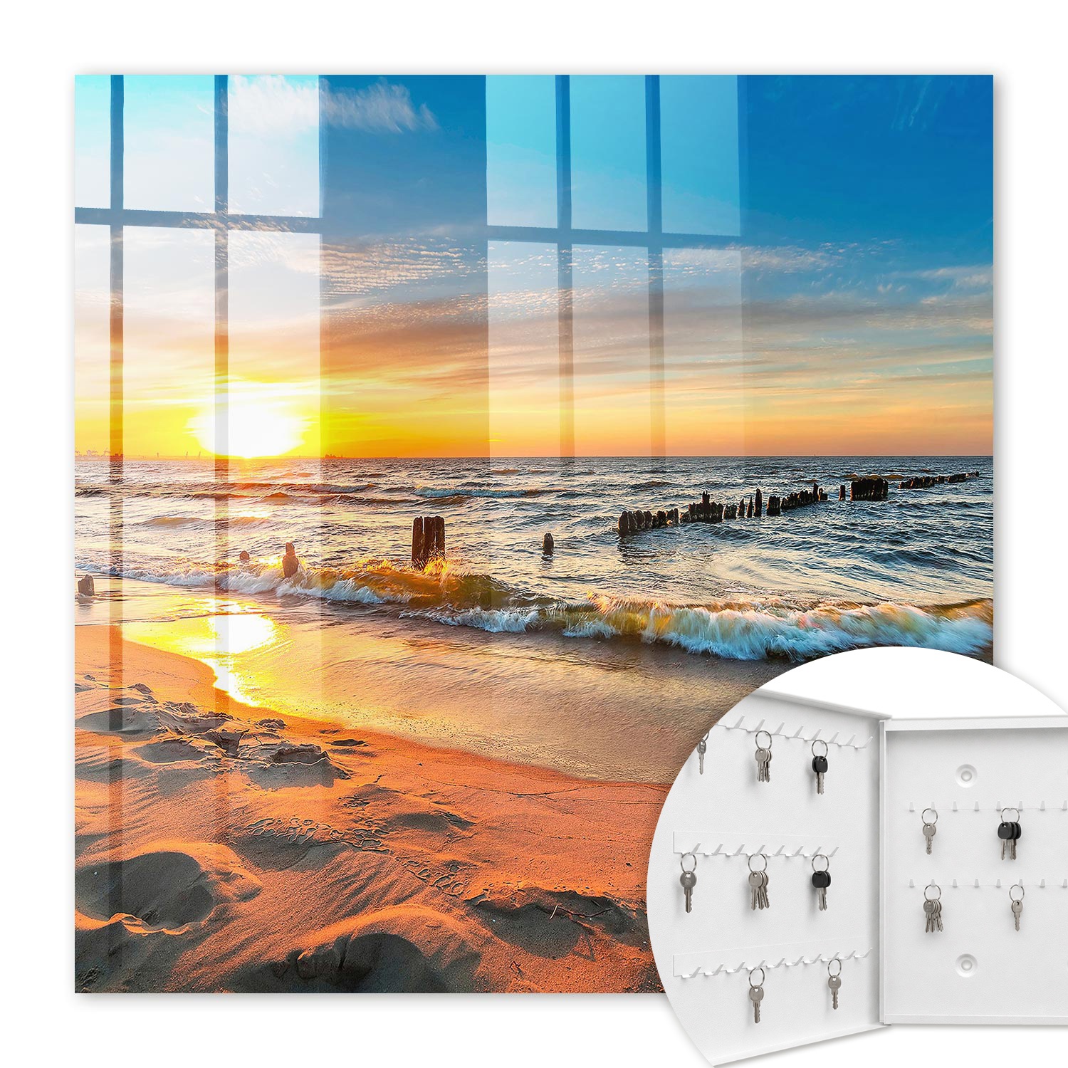 Armoire À Clés - (30 Cm X 30 Cm) - Boîte À Clés Murale - Coffret De Rangement Pour Clés - Couleur Blanche - Ouverture Vers La Gauche - Pour Maison Et Bureau - Coucher De Soleil