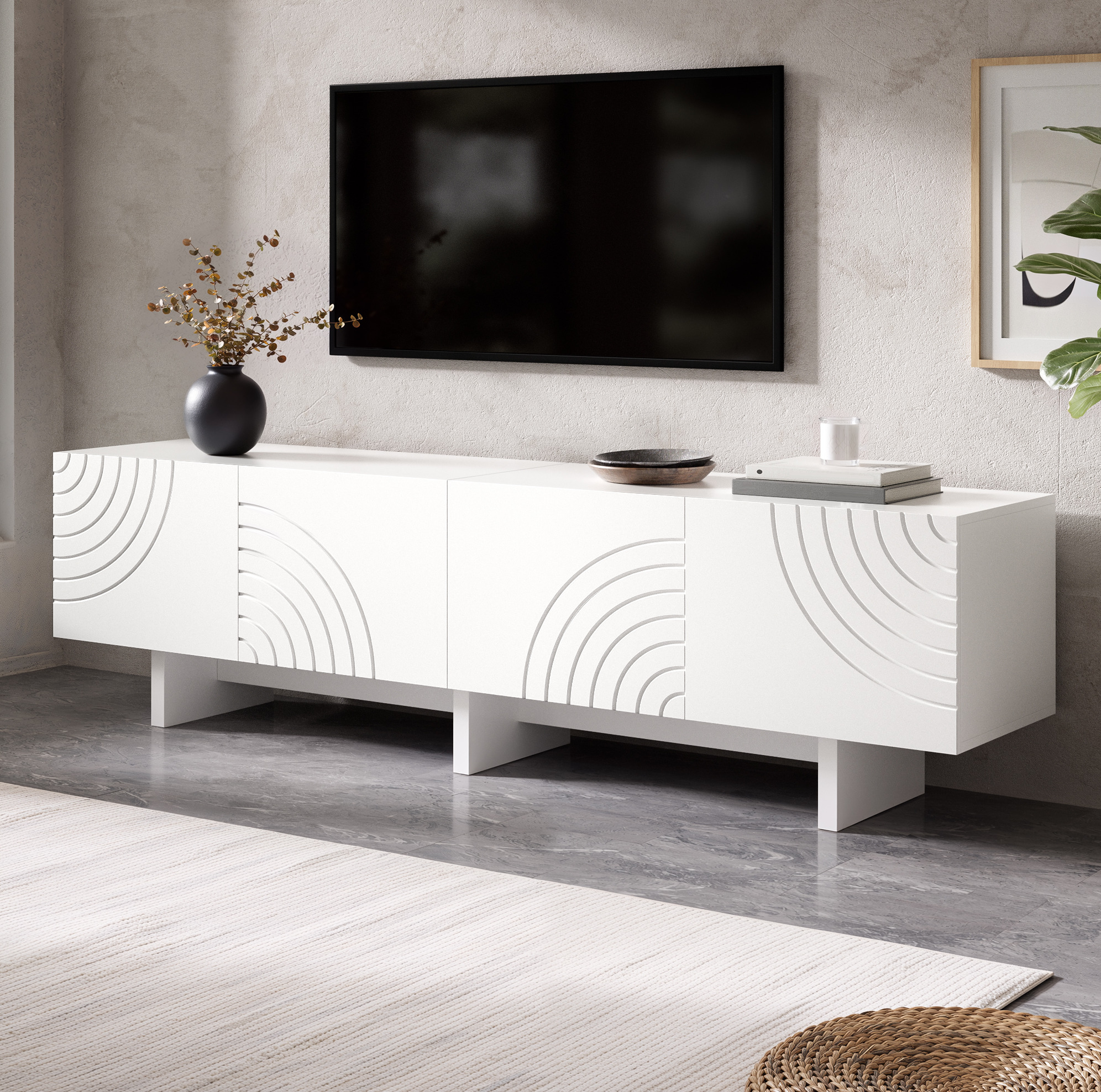 Meuble Tv Blanc 170 Cm Avec 4 Portes, Motif Géométrique En Arche Et Étagère Centrale