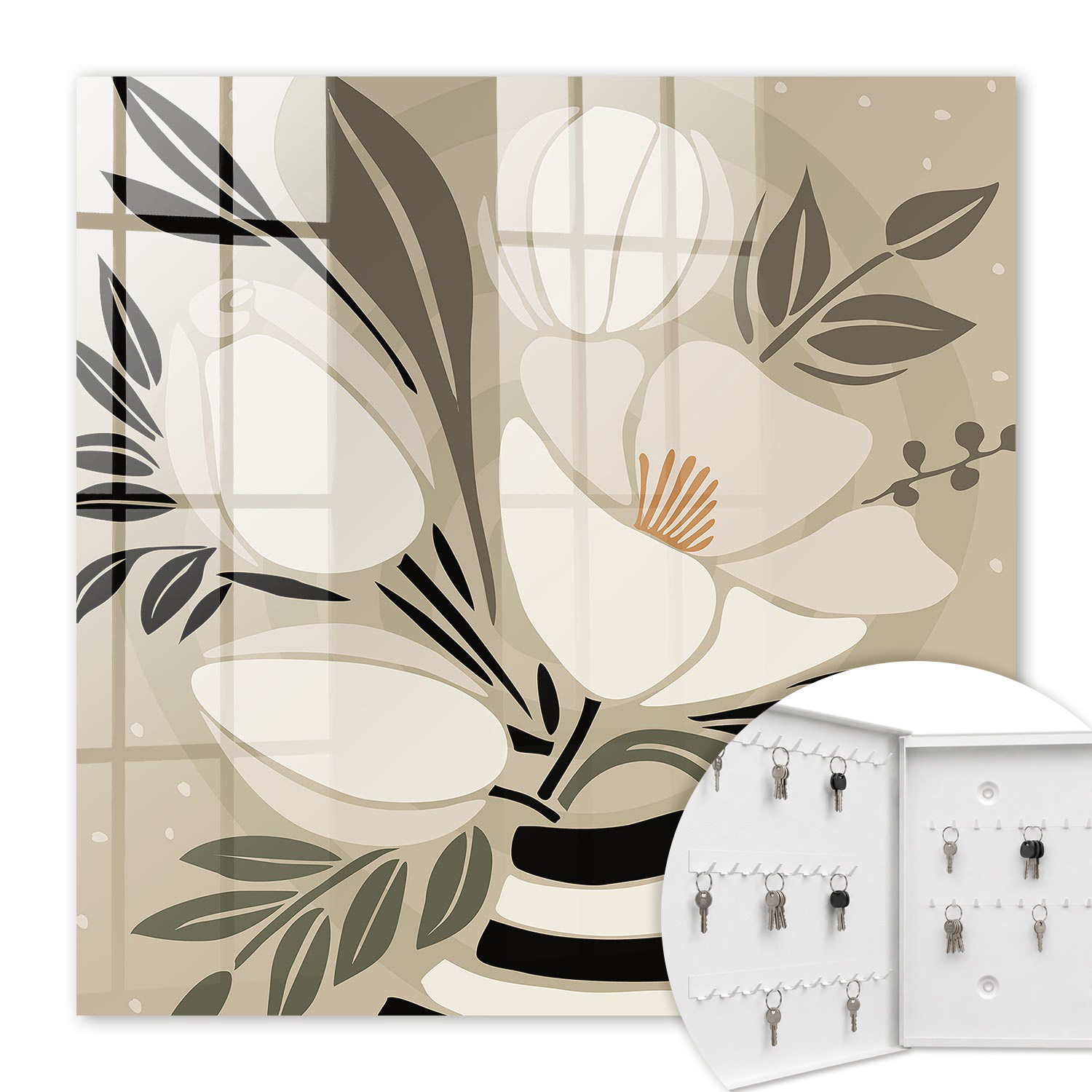 Armoire À Clés - (30 Cm X 30 Cm) - Boîte À Clés Murale - Coffret De Rangement Pour Clés - Couleur Blanche - Ouverture Vers La Gauche - Pour Maison Et Bureau - Minimalisme Floral