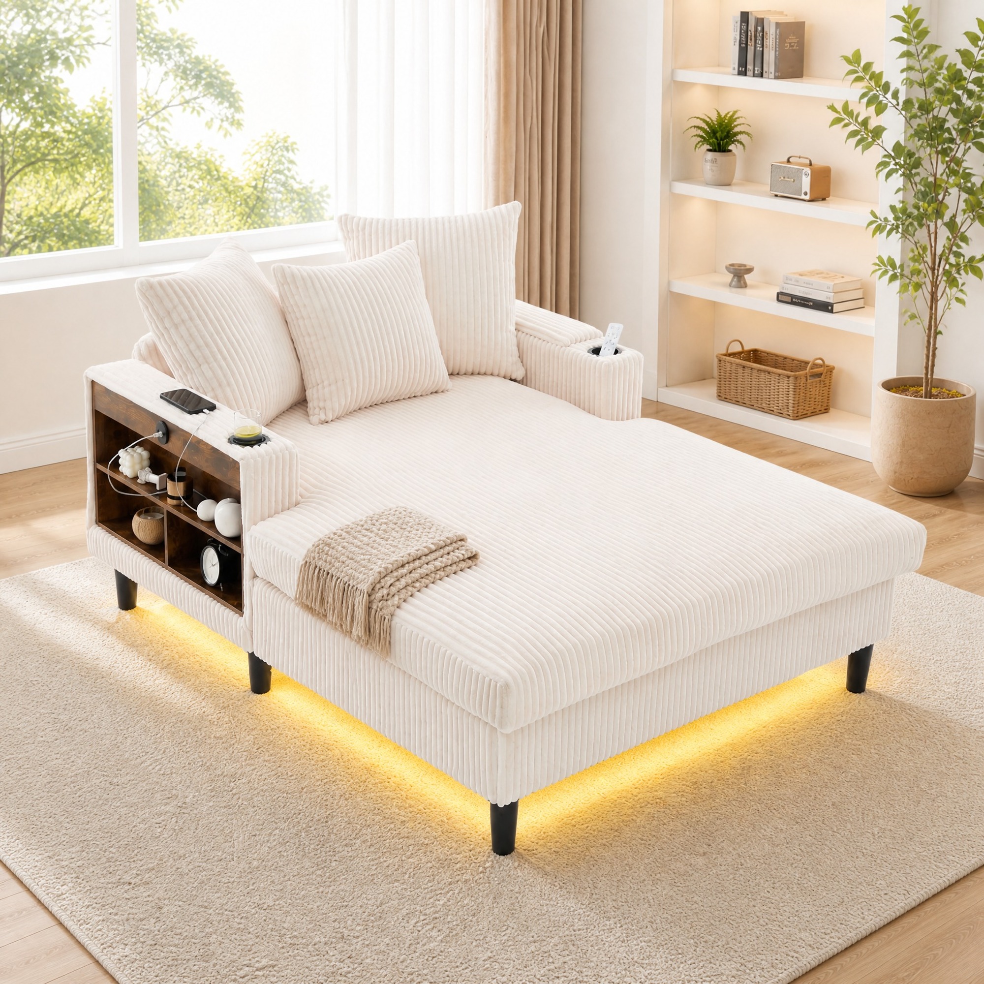 Méridienne En Corduroy Beige 129 X 170 X 70 Cm Avec Led, Usb, Porte-gobelets, Redom