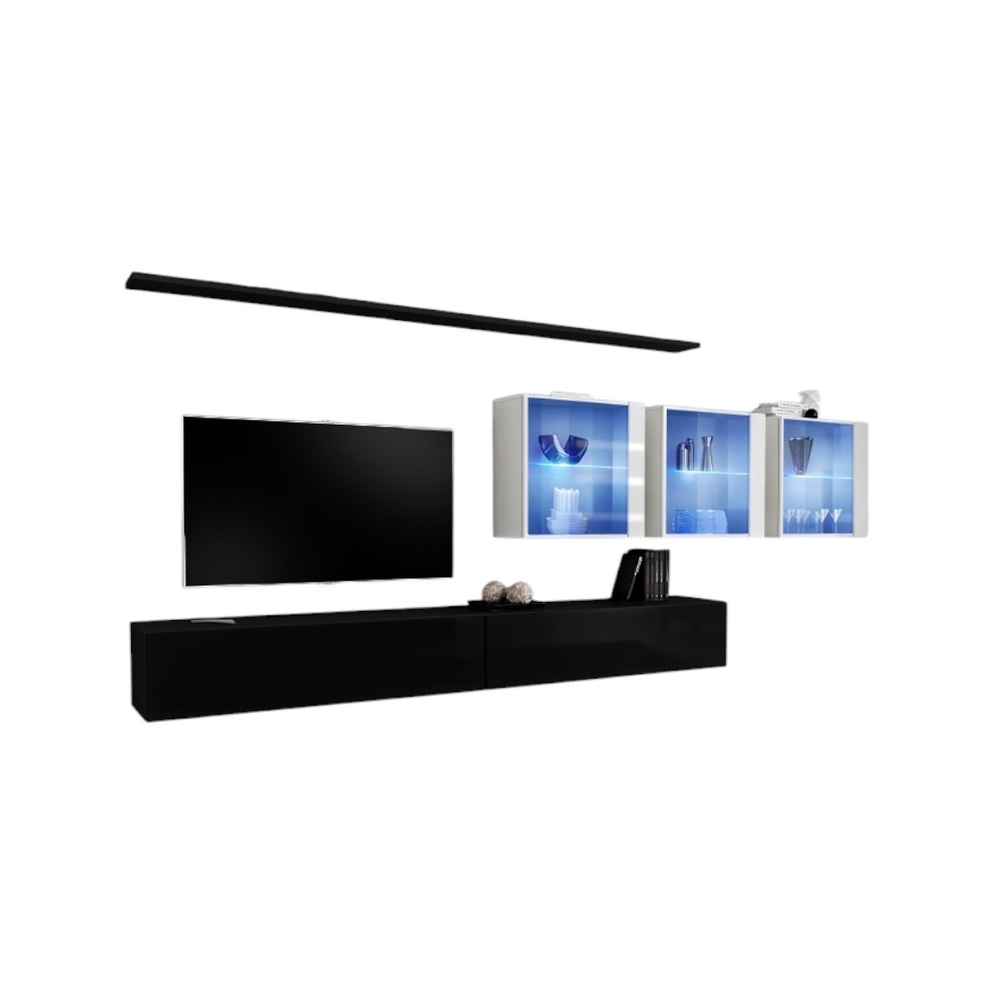 Composition Murale Switch Xvii - Double Meuble Tv, Cubes Vitrés Led Et Étagères - Noi