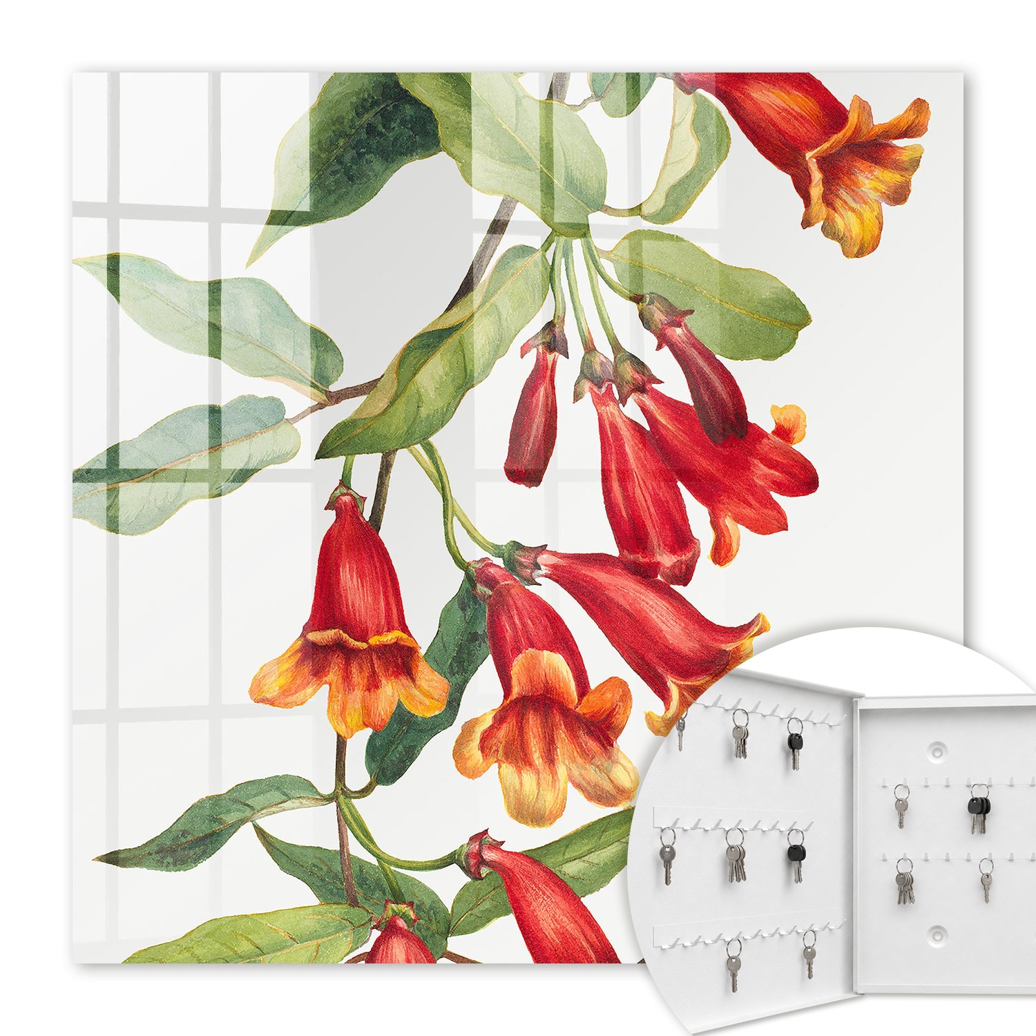 Armoire À Clés - (30 Cm X 30 Cm) - Boîte À Clés Murale - Coffret De Rangement Pour Clés - Couleur Blanche - Ouverture Vers La Gauche - Pour Maison Et Bureau - Fleurs Rouges