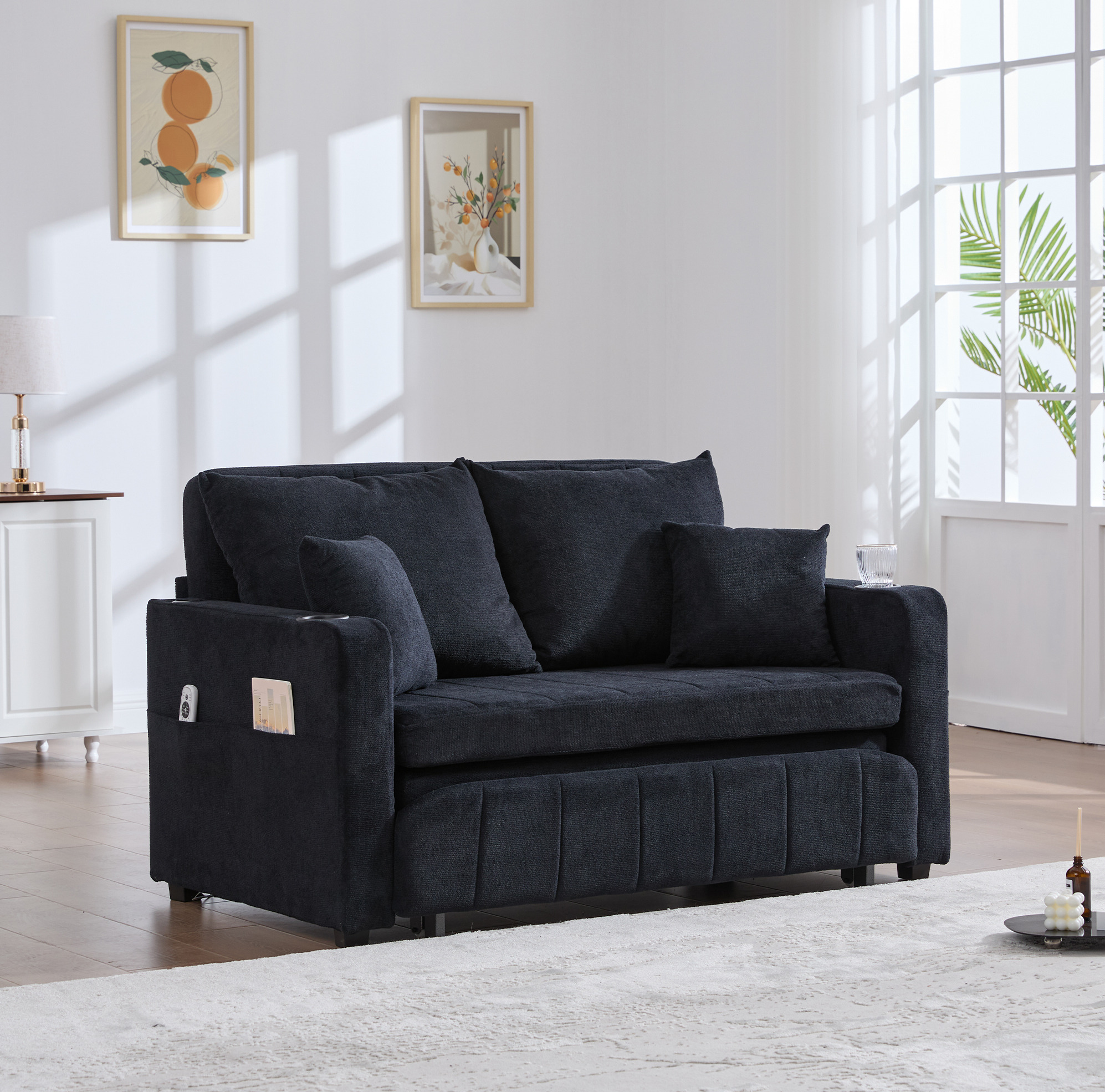 Canapé-lit Pliant Multifonction En Chenille Noire, Avec Poches Latérales, Porte-gobelets Et Usb