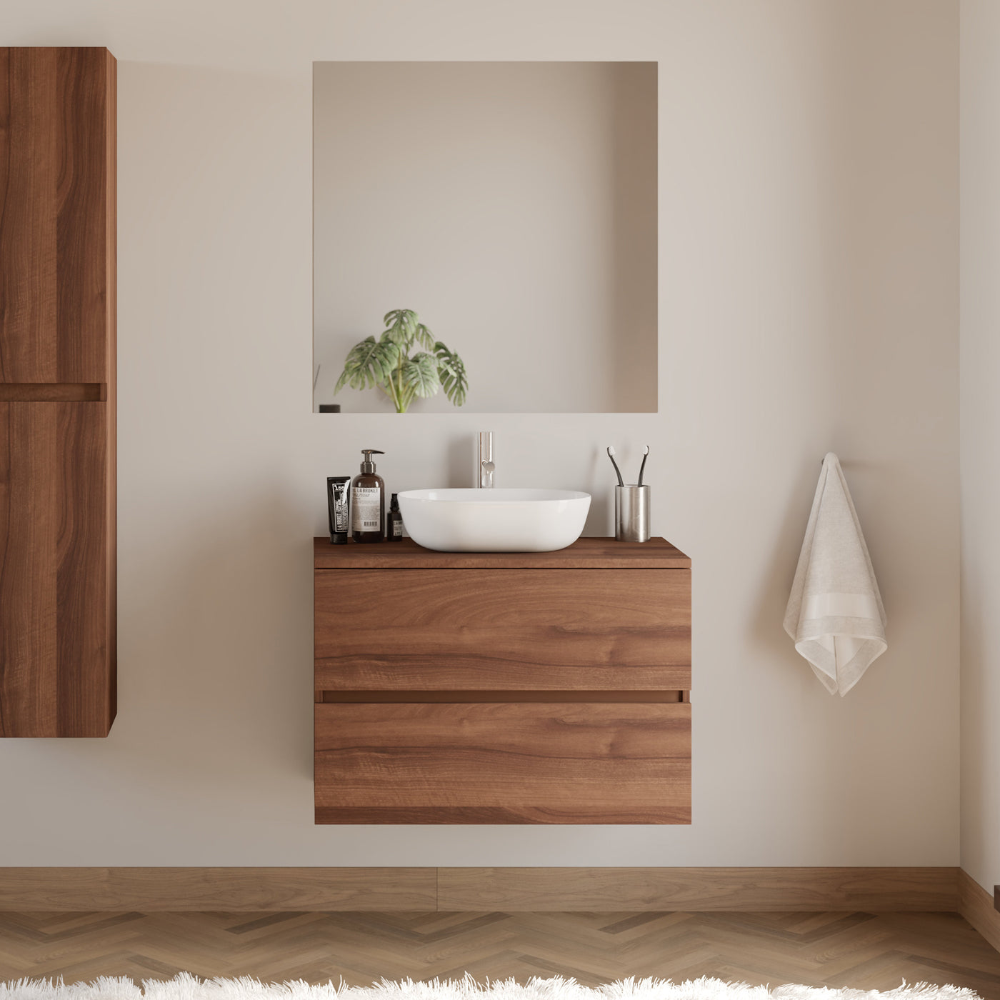 Meuble De Salle De Bain 80cm Avec Plateau Et Vasque À Poser Arrondie - 2 Tiroirs - Noyer (bois Foncé) - Ida