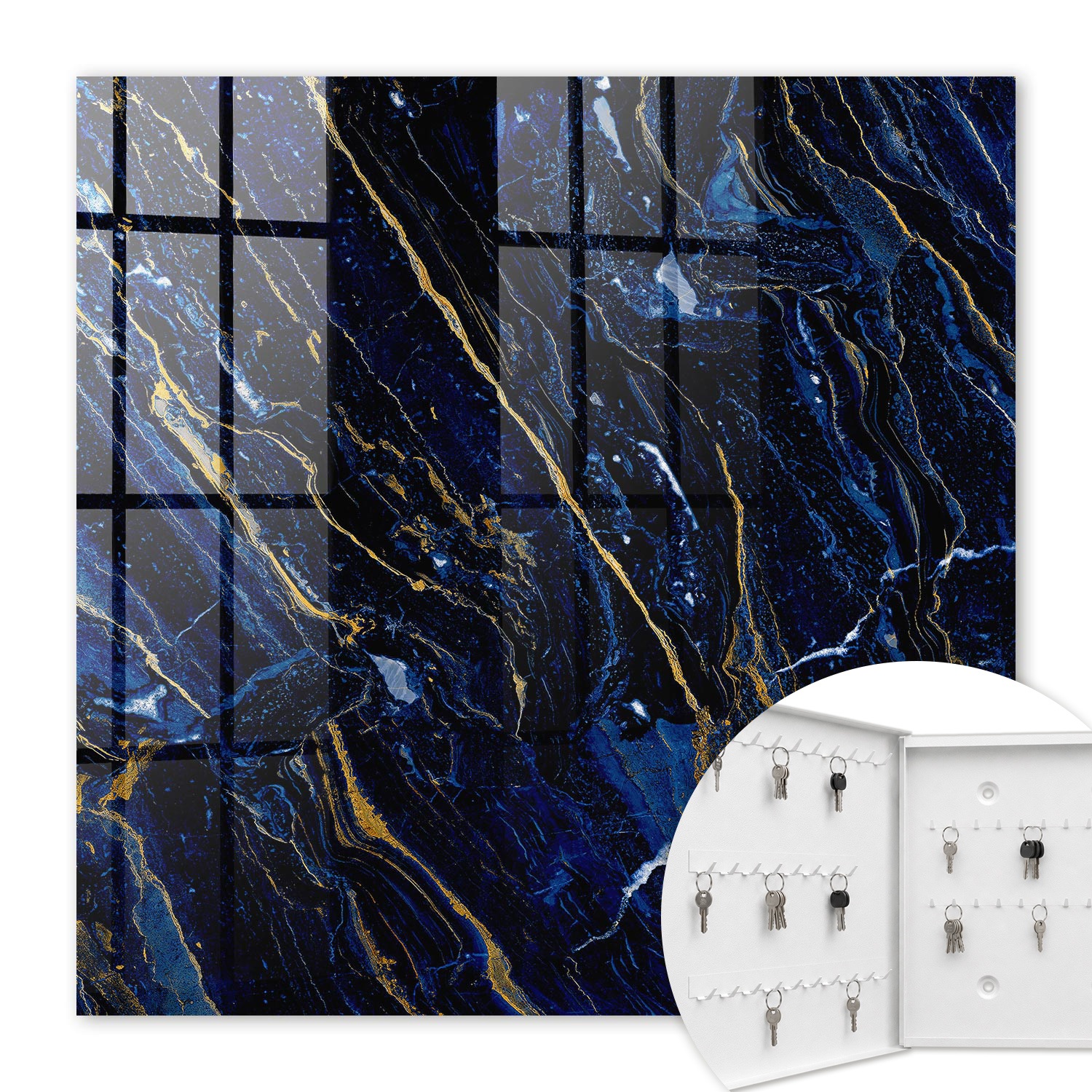 Armoire À Clés - (30 Cm X 30 Cm) - Boîte À Clés Murale - Coffret De Rangement Pour Clés - Couleur Blanche - Ouverture Vers La Gauche - Pour Maison Et Bureau - Motif Bleu Marine