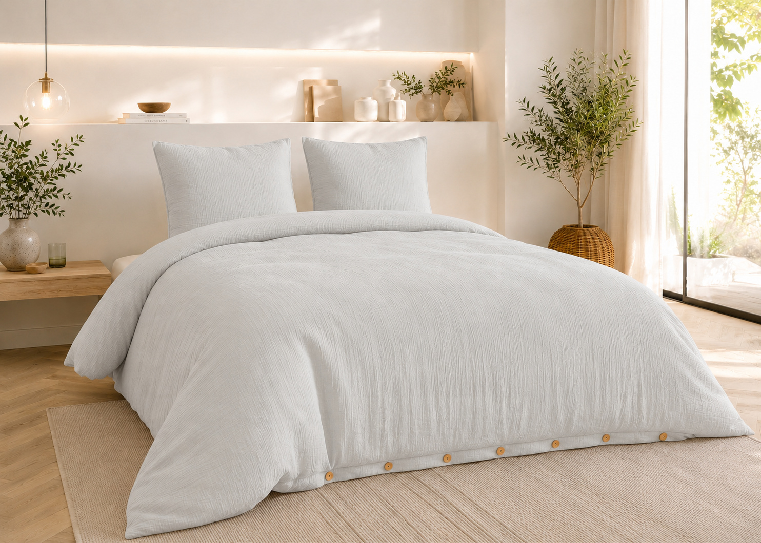 Parure De Lit 240 X 220 Cm Double Gaze De Coton Gaïa Gris Nuage + 2 Taies 60x60 Cm