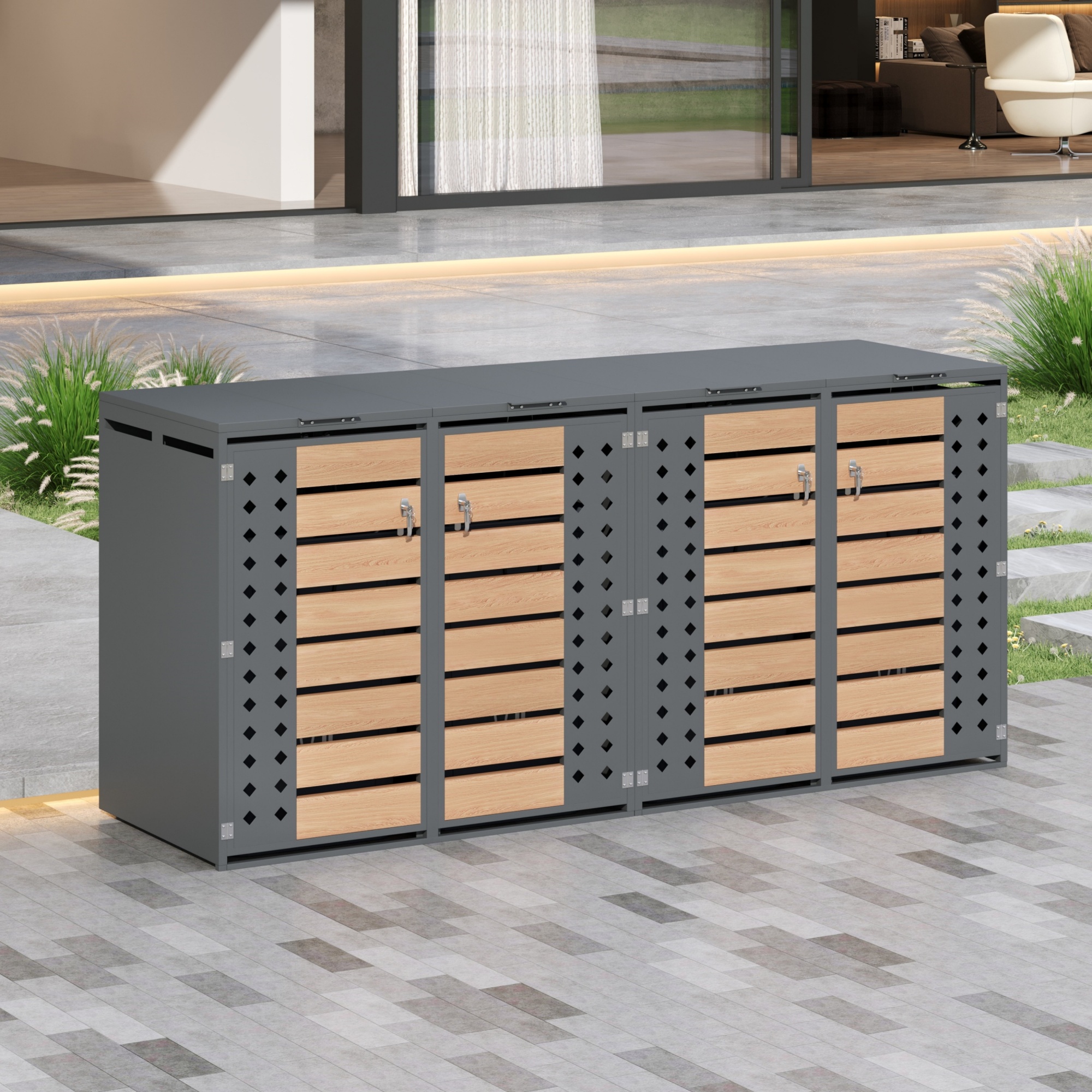 Redom Abri Cache-poubelles 4 Compartiments, Couvercle Rabattable Hydraulique, Portes Verrouillables, Acier Gris Aspect Bois