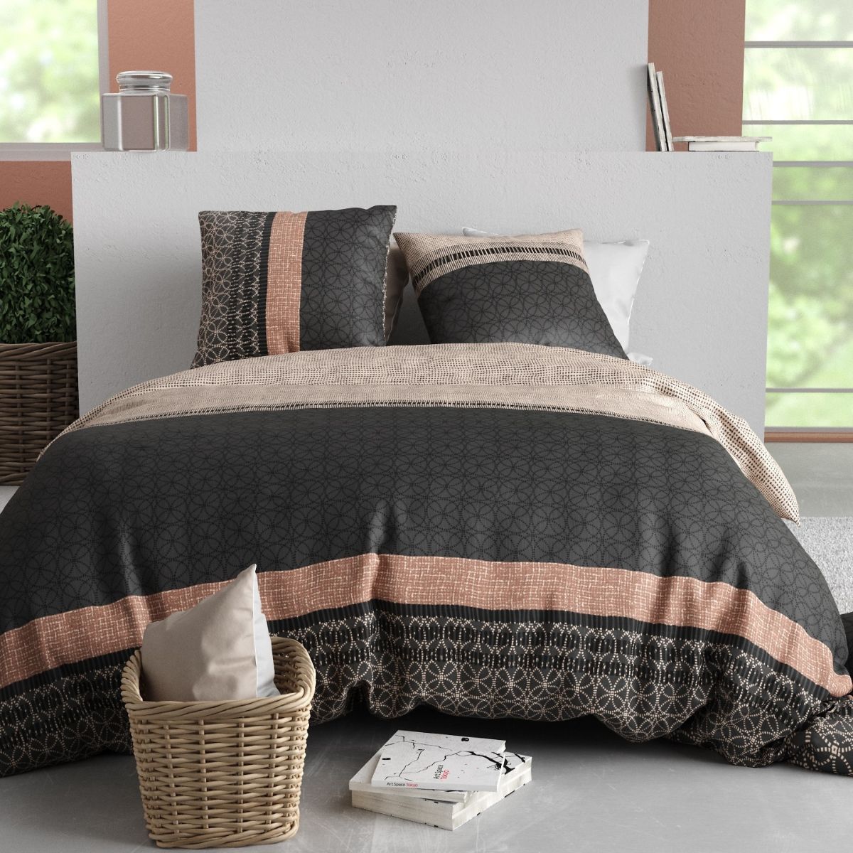 Parure Housse De Couette 260x240cm + 2 Taies Motif Graphique Beige Et Gris 100% Coton - Diogo