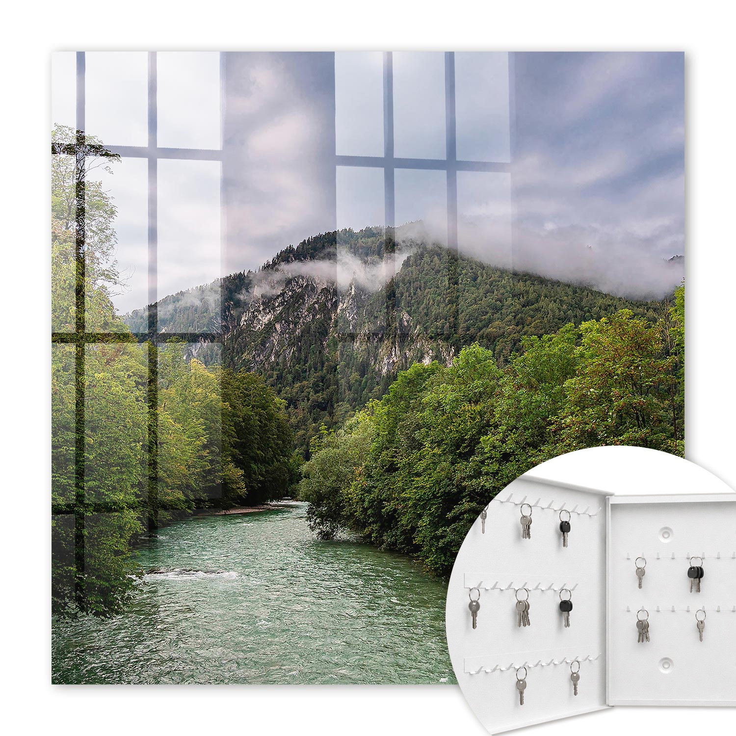 Armoire À Clés - (30 Cm X 30 Cm) - Boîte À Clés Murale - Coffret De Rangement Pour Clés - Couleur Blanche - Ouverture Vers La Gauche - Pour Maison Et Bureau - Paysage De Montagne