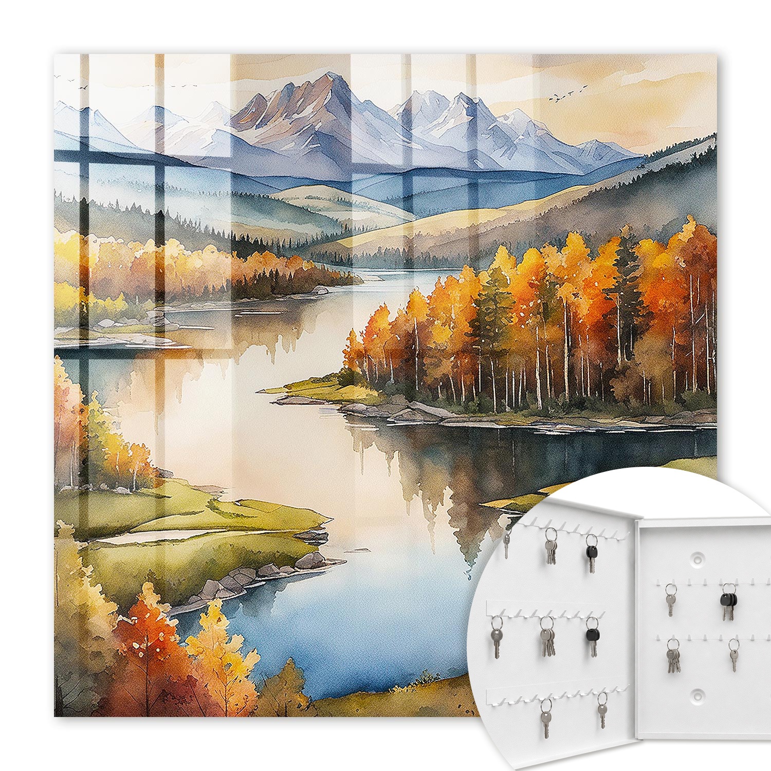 Armoire À Clés - (30 Cm X 30 Cm) - Boîte À Clés Murale - Coffret De Rangement Pour Clés - Couleur Blanche - Ouverture Vers La Gauche - Pour Maison Et Bureau - Montagnes D'Automne