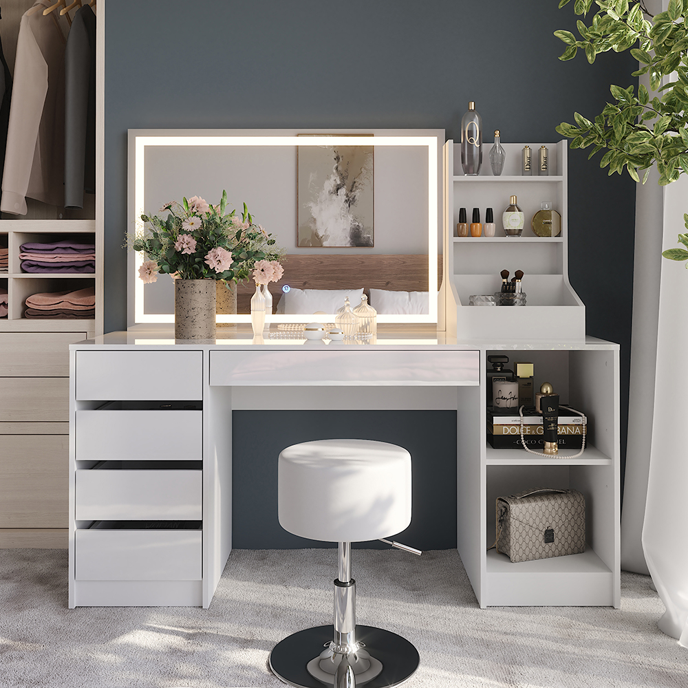 Coiffeuse Sherry, Blanc/blanc Haute Brillance, 158.2cm Avec Miroir Led Et Tabouret, Vicco
