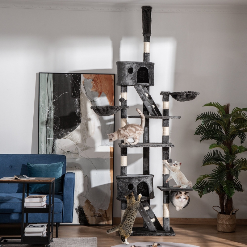 Arbre À Chat Plafond 240-260 Cm En Panneau De Particules, Gris Foncé, Avec Sisal