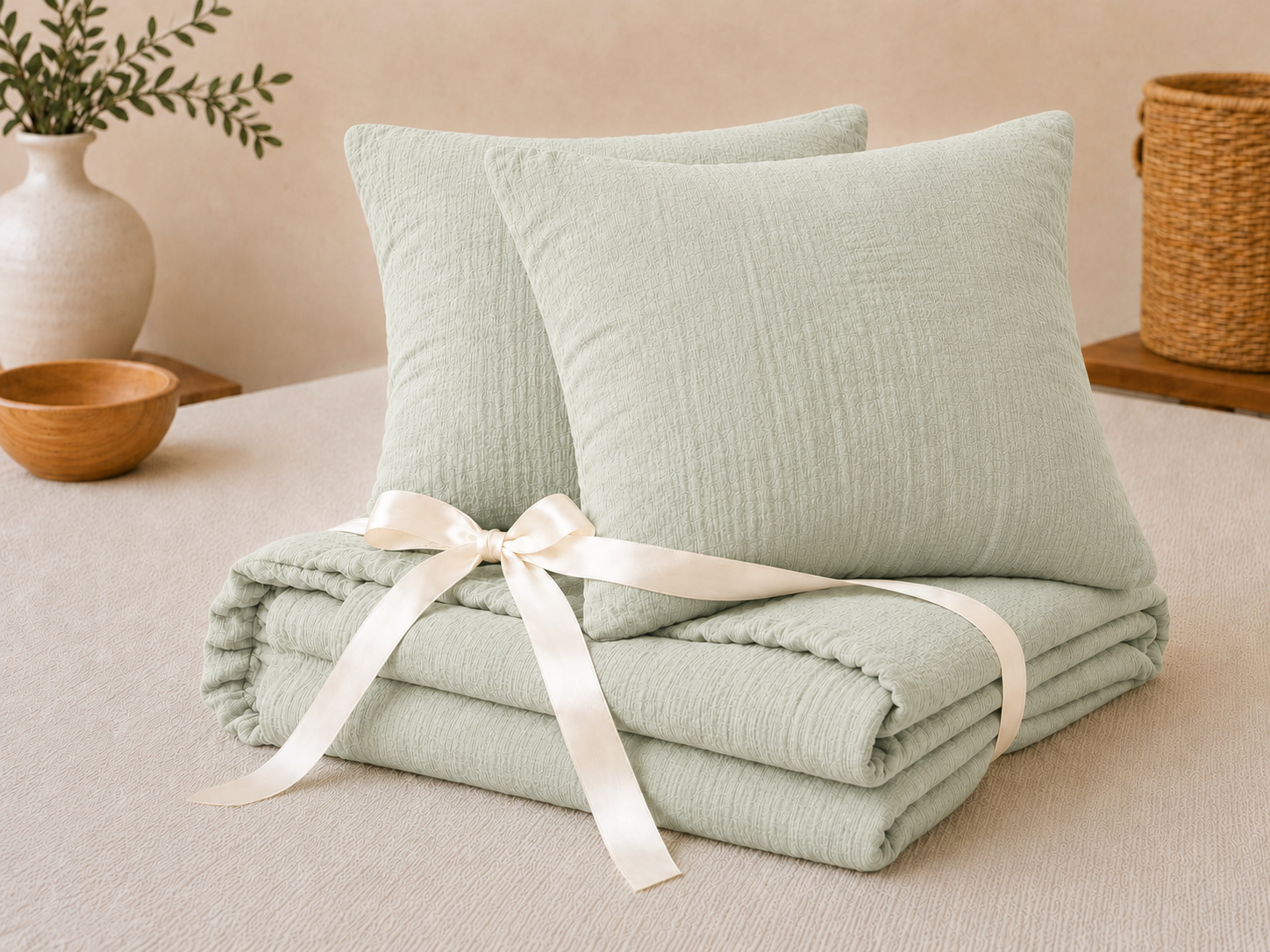 Pack Drap Housse 140 X 190 Cm + 2 Taies D'oreiller 60 X 60 Cm Double Gaze De Coton Gaïa Vert D'Eau