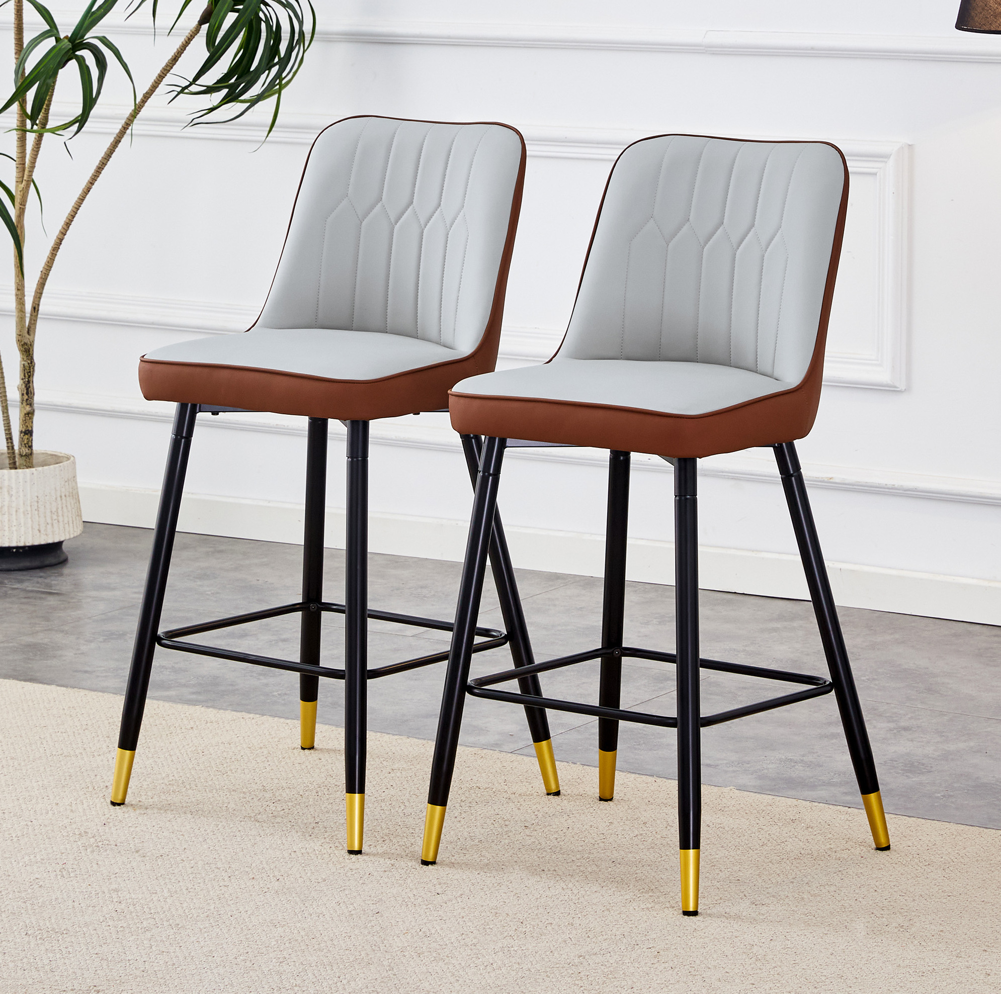 Redom - Lot De 2 Tabourets De Bar, Dossier Ergonomique, Repose Pieds, Métal Et Pu, Marron, Gris Clair Et Noir