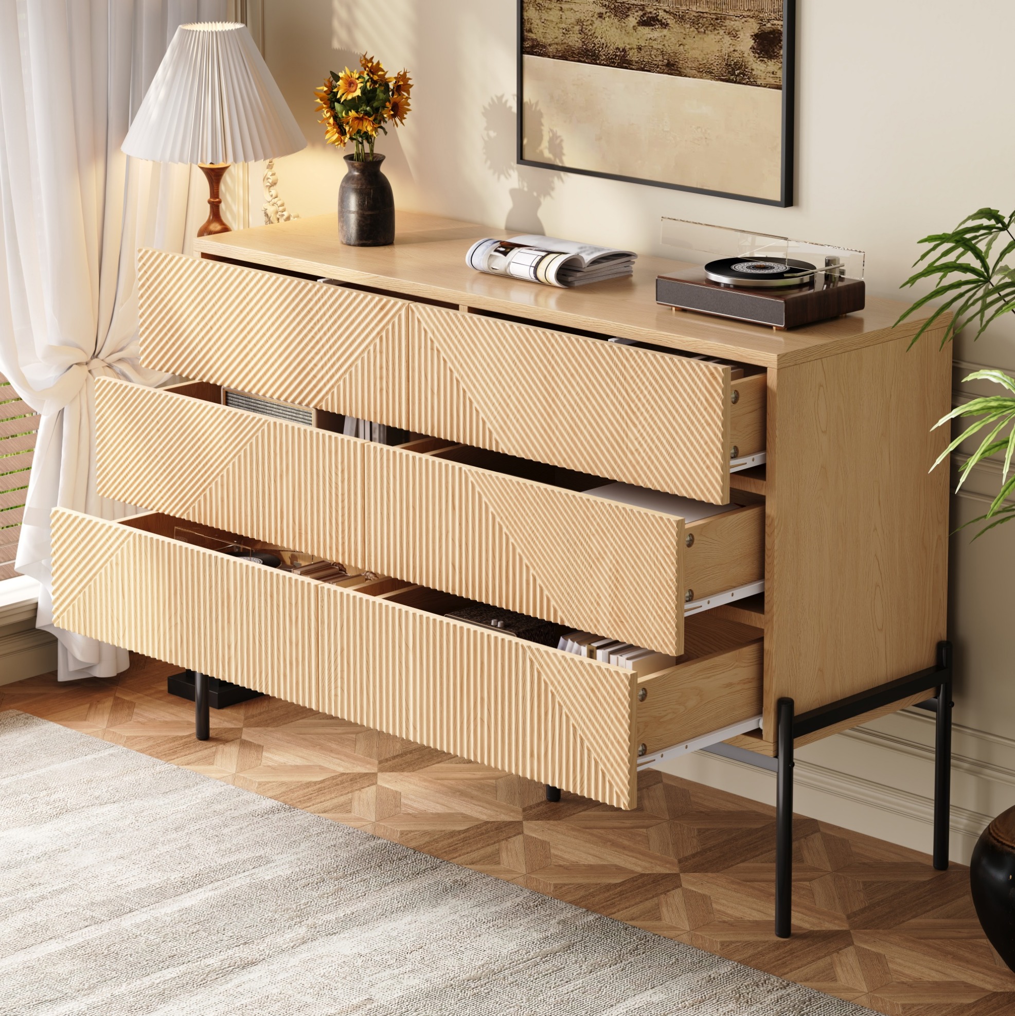 Redom - Buffet 115.5x38x75 Cm, 6 Tiroirs, Texture Géométrique 3d, Pieds En Fer, Mdf Naturel