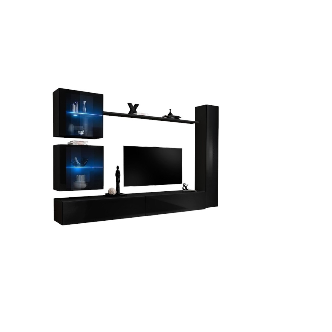 Meublorama - Ensemble Meuble Salon Mural Switch Xviii Design, Coloris Noir Brillant.