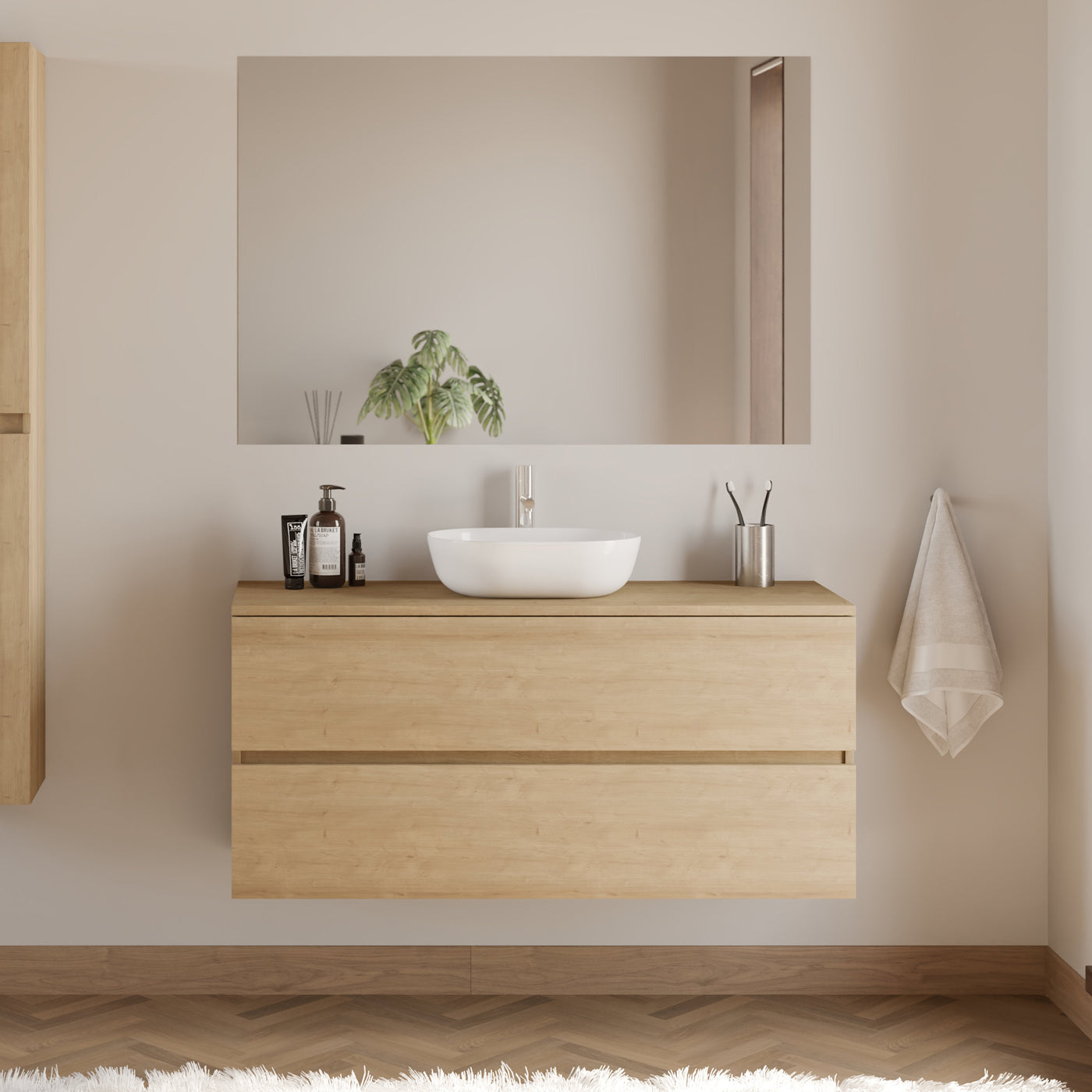 Meuble De Salle De Bain 120cm Avec Plateau Et Vasque À Poser Arrondie - 2 Tiroirs - Nebraska (chêne Clair) - Ida