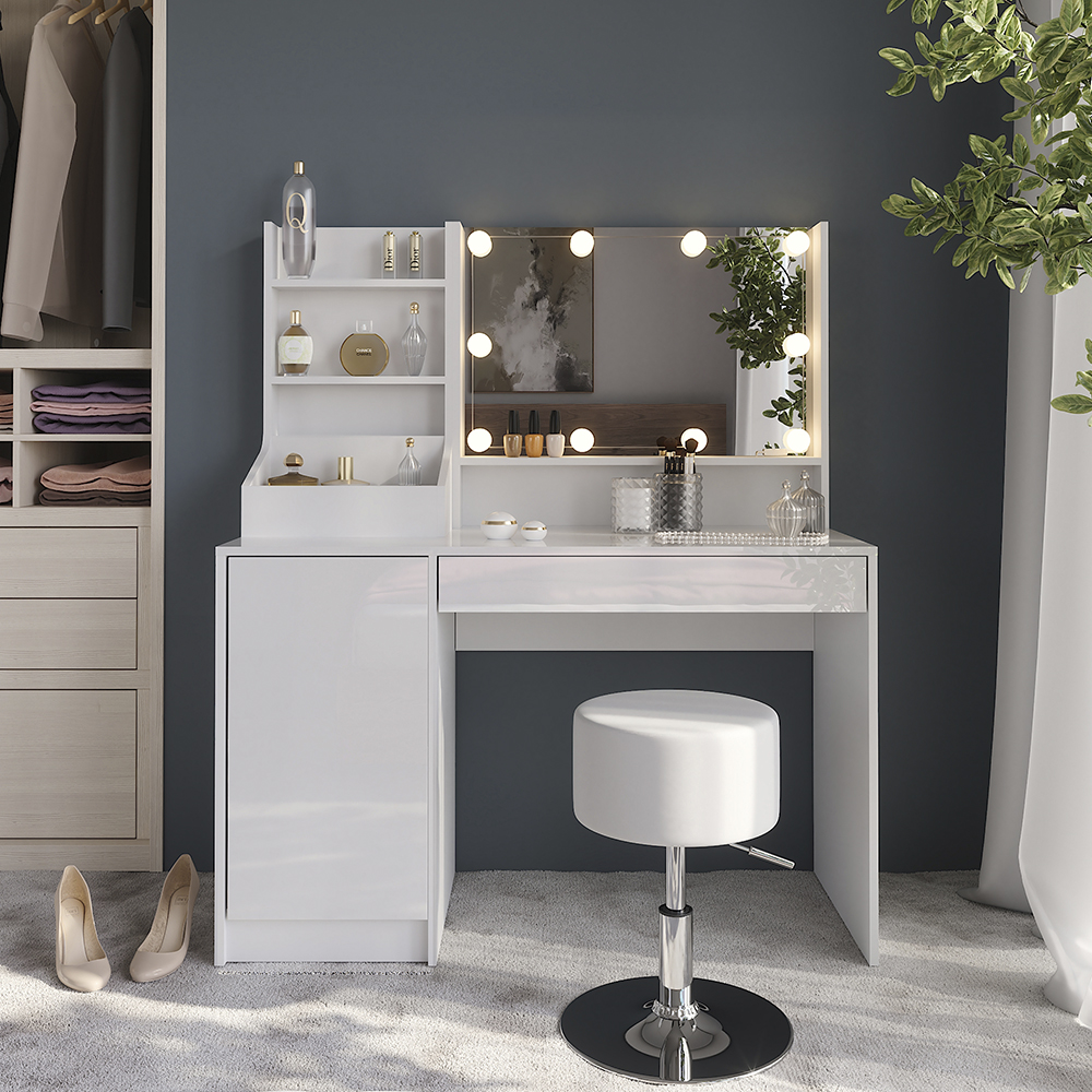 Coiffeuse Sherry, Blanc/blanc Haute Brillance, 119.8cm Avec Miroir Et Tabouret, Vicco