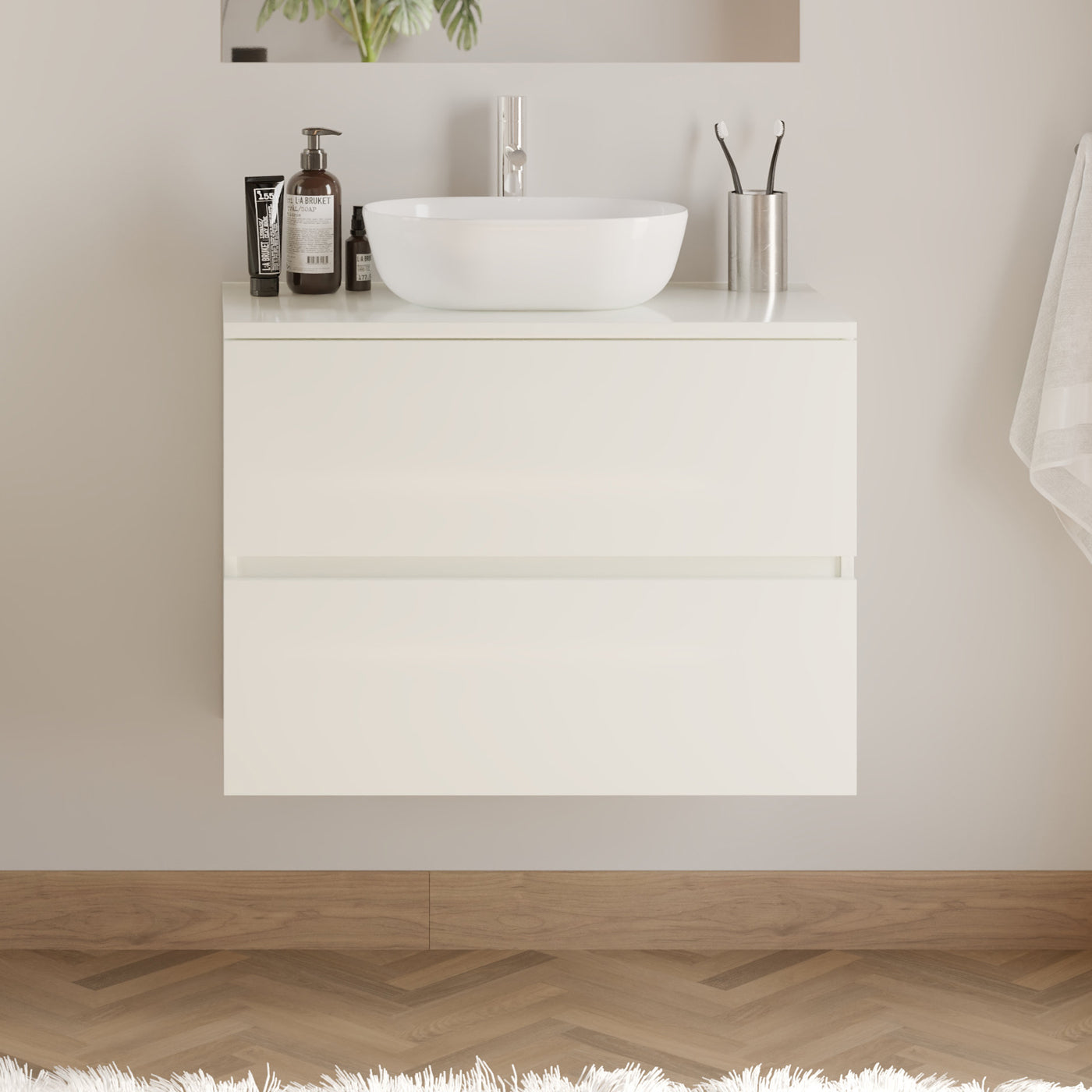 Meuble De Salle De Bain 60cm Avec Plateau Et Vasque À Poser Arrondie - 2 Tiroirs - Sans Miroir - Blanc Brillant - Ida