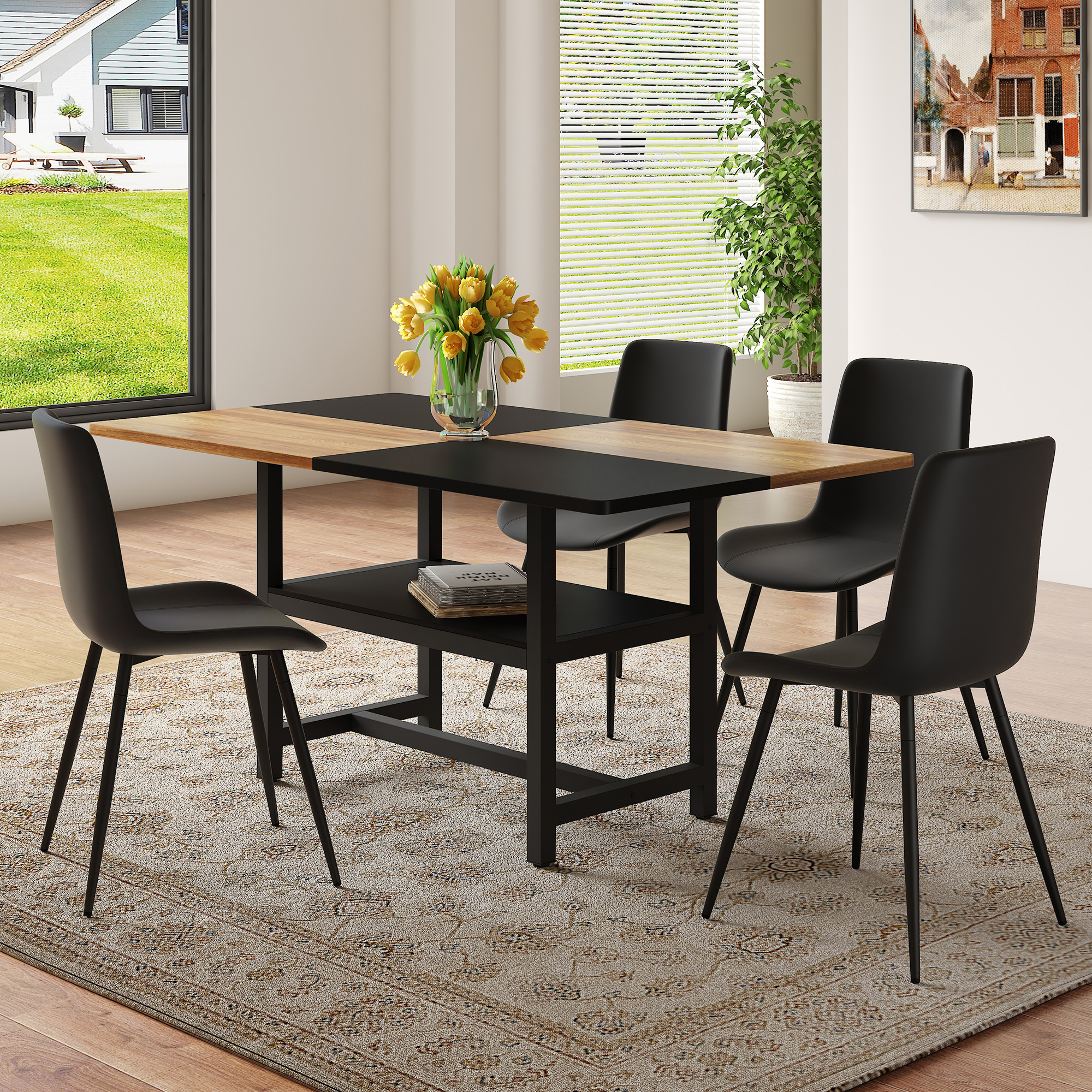 Redom Ensemble Table À Manger 160x90 Cm Avec 4 Chaises, Coussins Élargis, Mdf, Métal, Pu, Marron Et Noir