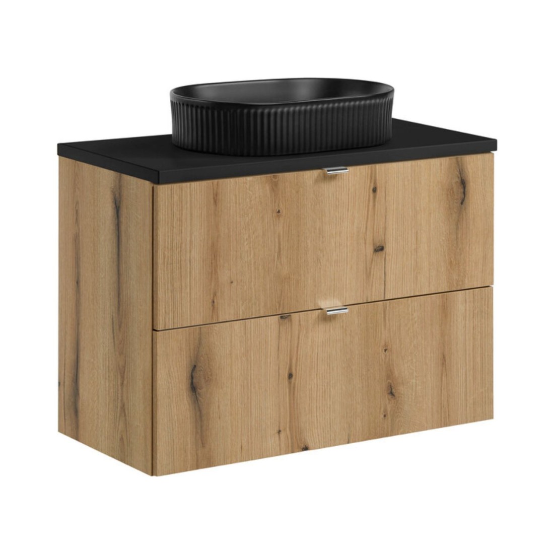 Ensemble Vano Aspect Chêne Et Noir 80cm: Meubles Sous Vasque À Tiroirs + Plan Pour Vasque + Vasque À Poser Rainurée Noire