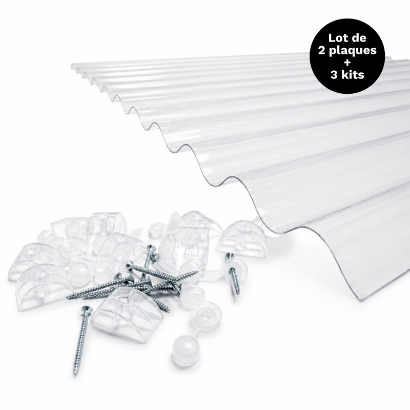 Lot 2 Plaques Polycarbonate Ondulées Po 76/18 + 3 Kits De Fixation - Coloris - Translucide, Largeur - 90 Cm, Longueur - 3 M