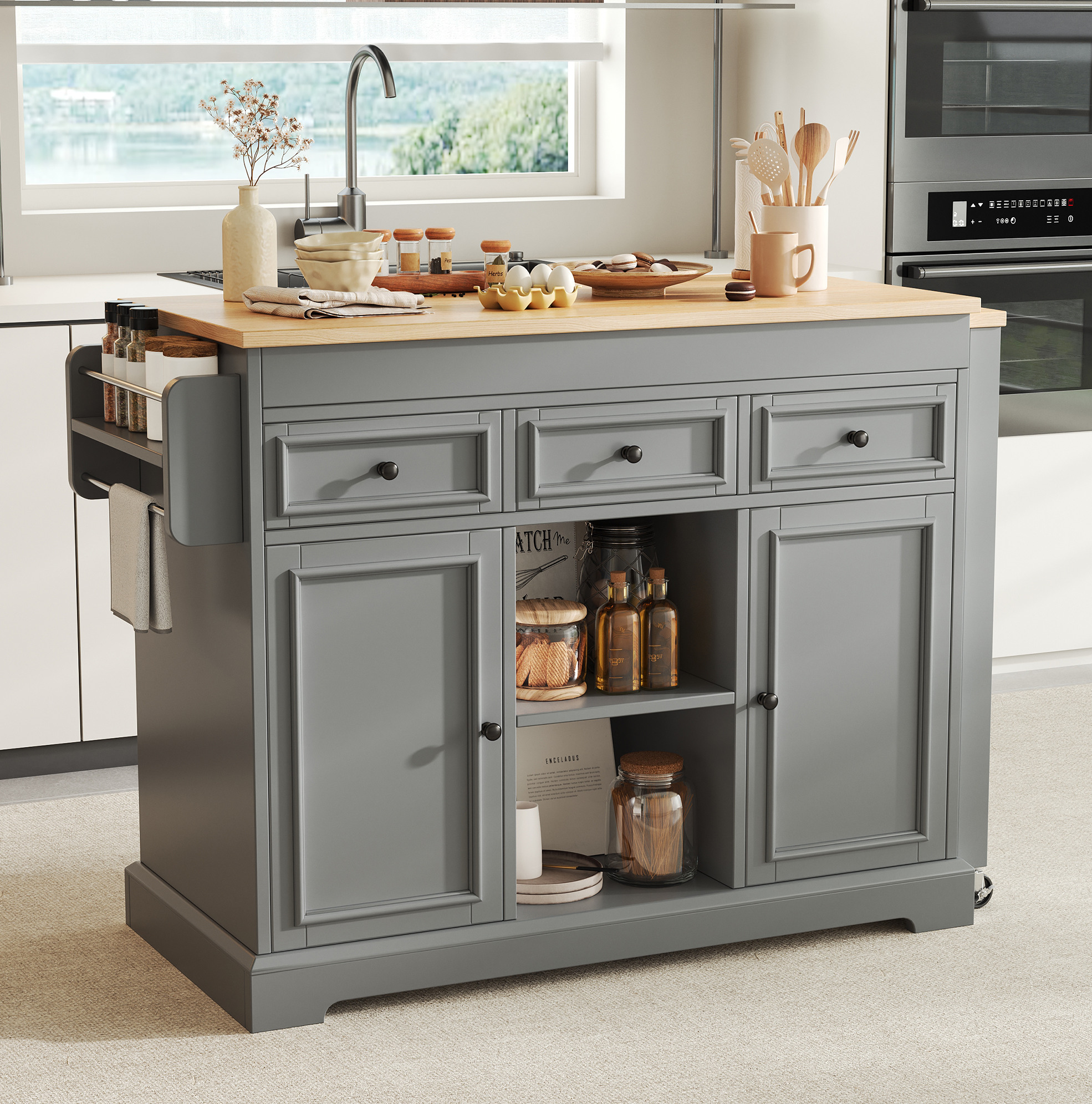 Îlot De Cuisine Mobile Extensible Gris En Mdf, 3 Tiroirs, Étagère À Épices, 188 Cm