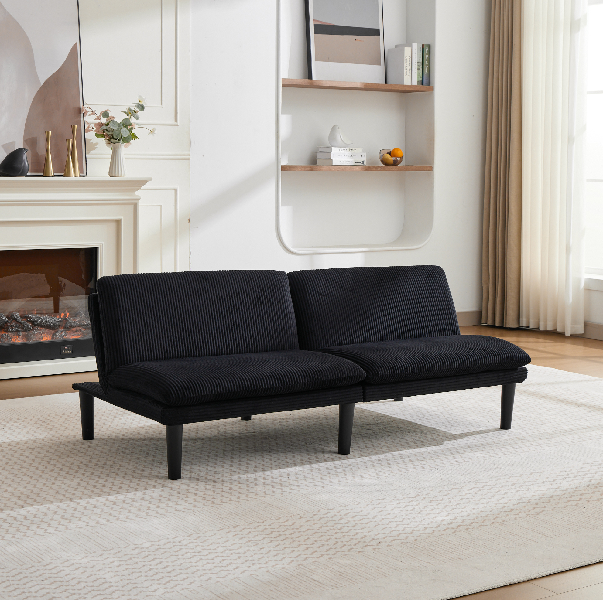 Canapé 2 Places Convertible 3 Positions 167 X 84 X 67 Cm, Velours Noir, Pieds Plastique