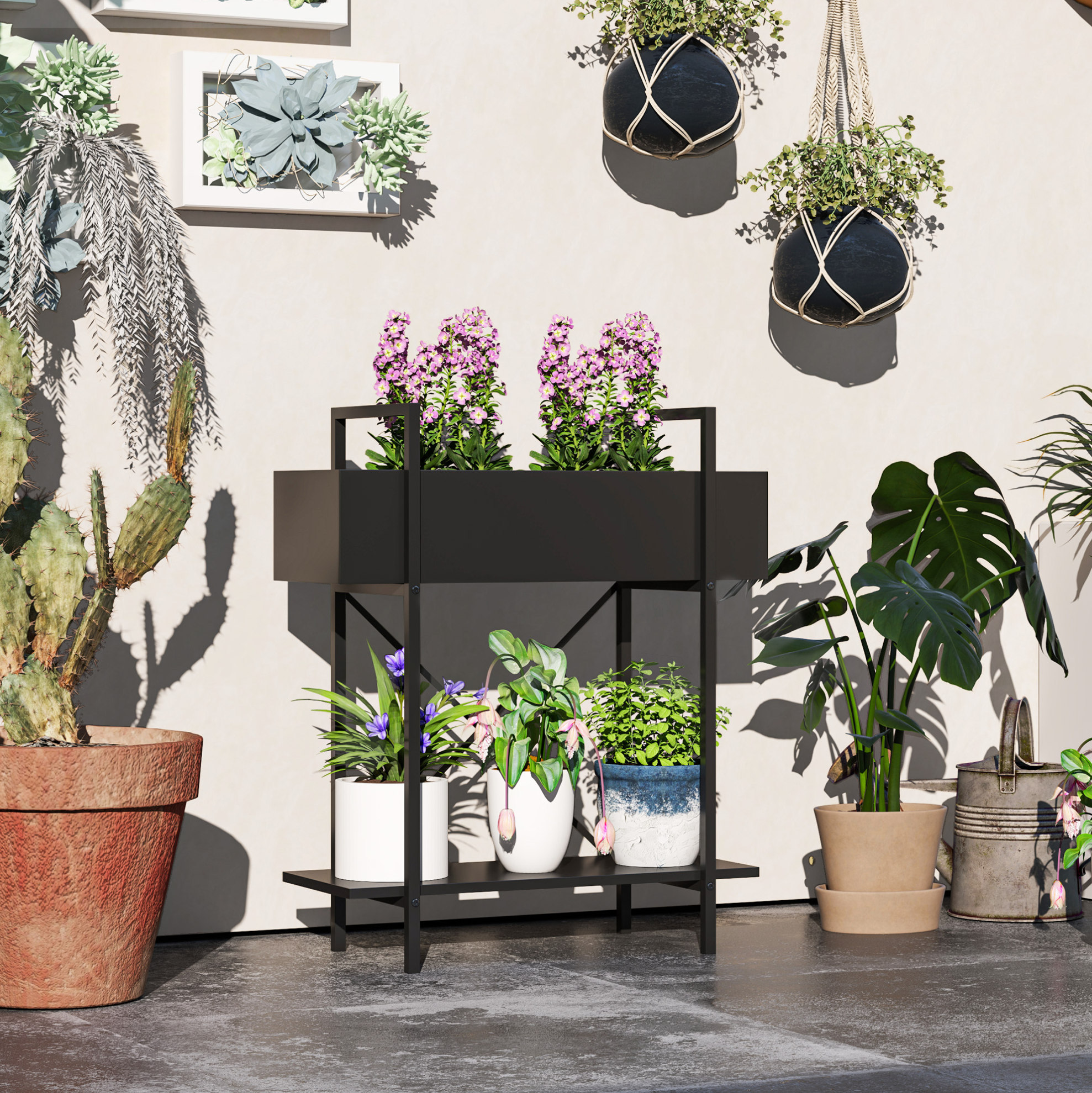 Étagère À Plantes 2 Niveaux En Métal, 60 X 25 X 70 Cm, Noire, Intérieur/extérieur