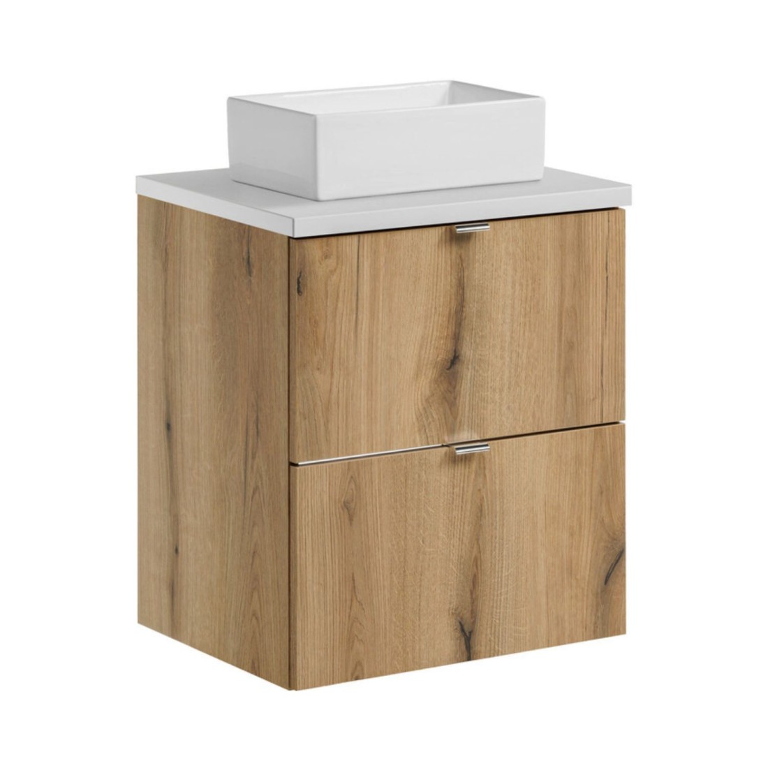 Ensemble Vano Aspect Chêne Et Blanc 50cm: Meubles Sous Vasque À Tiroirs + Plan Pour Vasque + Vasques À Poser Rectangulaire