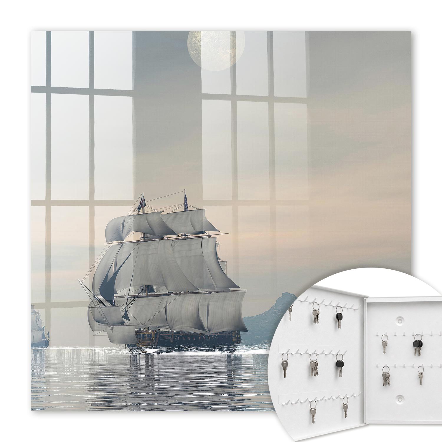 Armoire À Clés - (30 Cm X 30 Cm) - Boîte À Clés Murale - Coffret De Rangement Pour Clés - Couleur Blanche - Ouverture Vers La Gauche - Pour Maison Et Bureau - Croisière En Mer