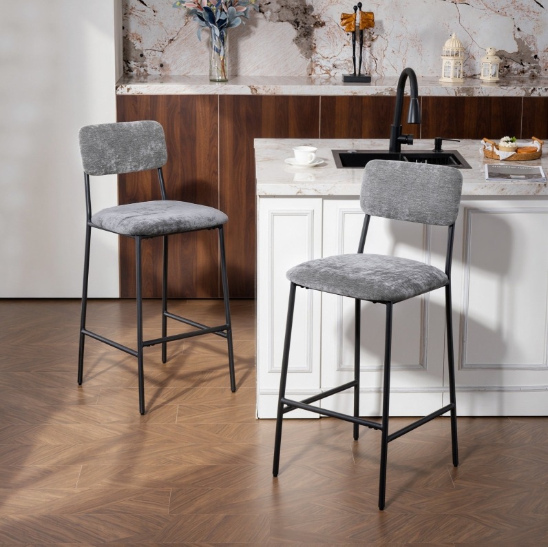 Lot De 2 Tabourets De Bar Gris En Tissu, Dossier Haut, Repose-pieds, Structure Acier, 101 Cm