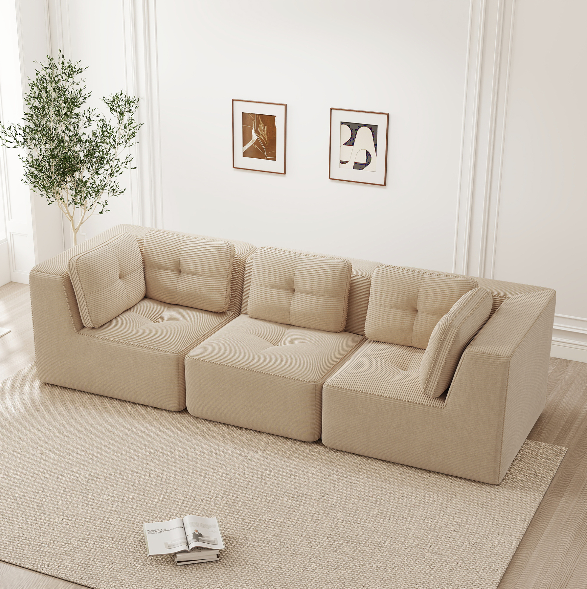 Redom - Canapé D'Angle Modulaire, Assise Profonde 74 Cm, Confort Enveloppant, Accoudoirs Larges, Tissu En Velours Côtelé Beige