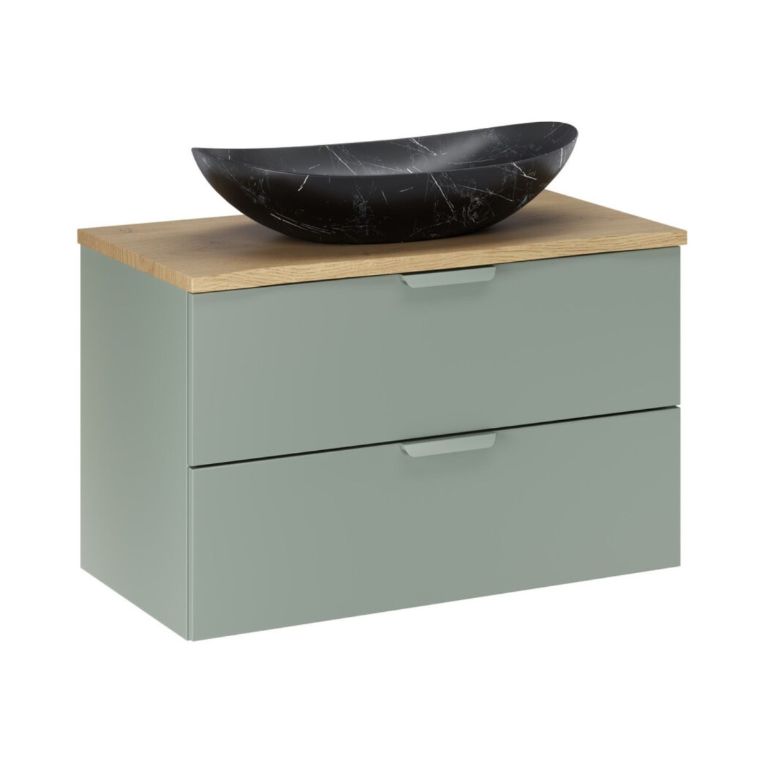 Ensemble Oster 80cm: Meuble Sous Vasque À Tiroirs Vert Sauge + Plan Pour Vasque + Vasque À Poser Noire Striée Blanche