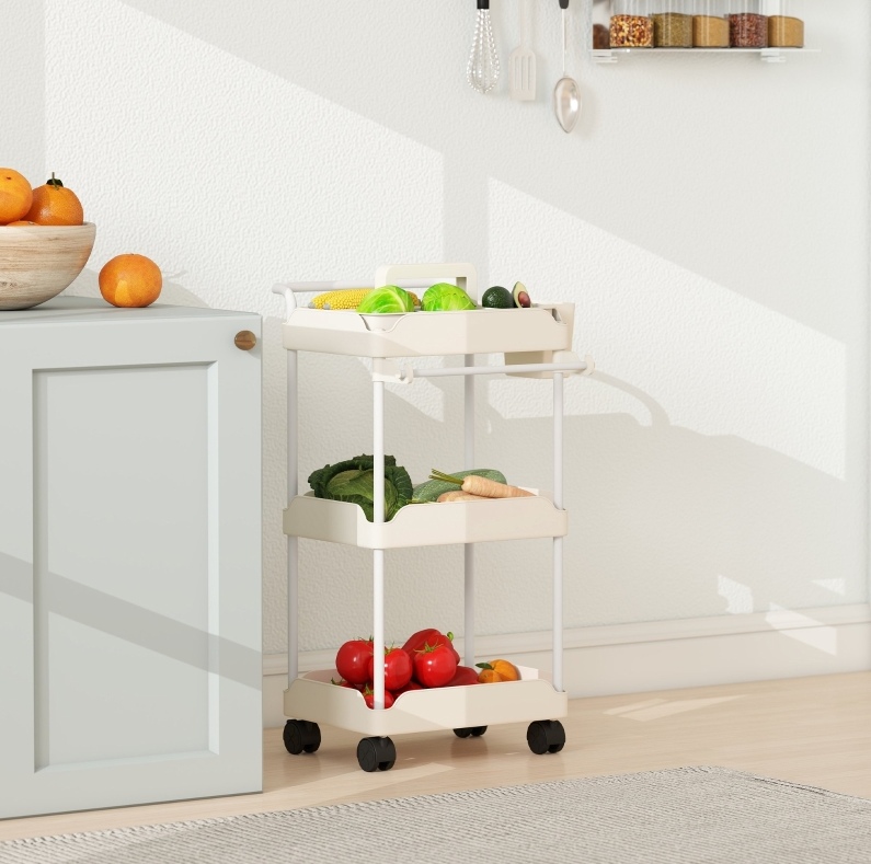 Redom - Chariot De Rangement 42x42.5x76 Cm, 3 Paniers, Barre Porte Serviettes, Roulettes Avec Frein, Métal Blanc