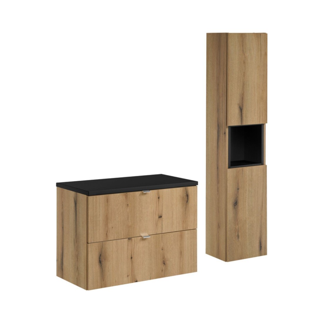 Ensemble De Salle De Bain Vano Aspect Chêne Et Noir 110cm: Meubles Sous Vasque À Tiroirs + Plan Pour Vasque + Colonne