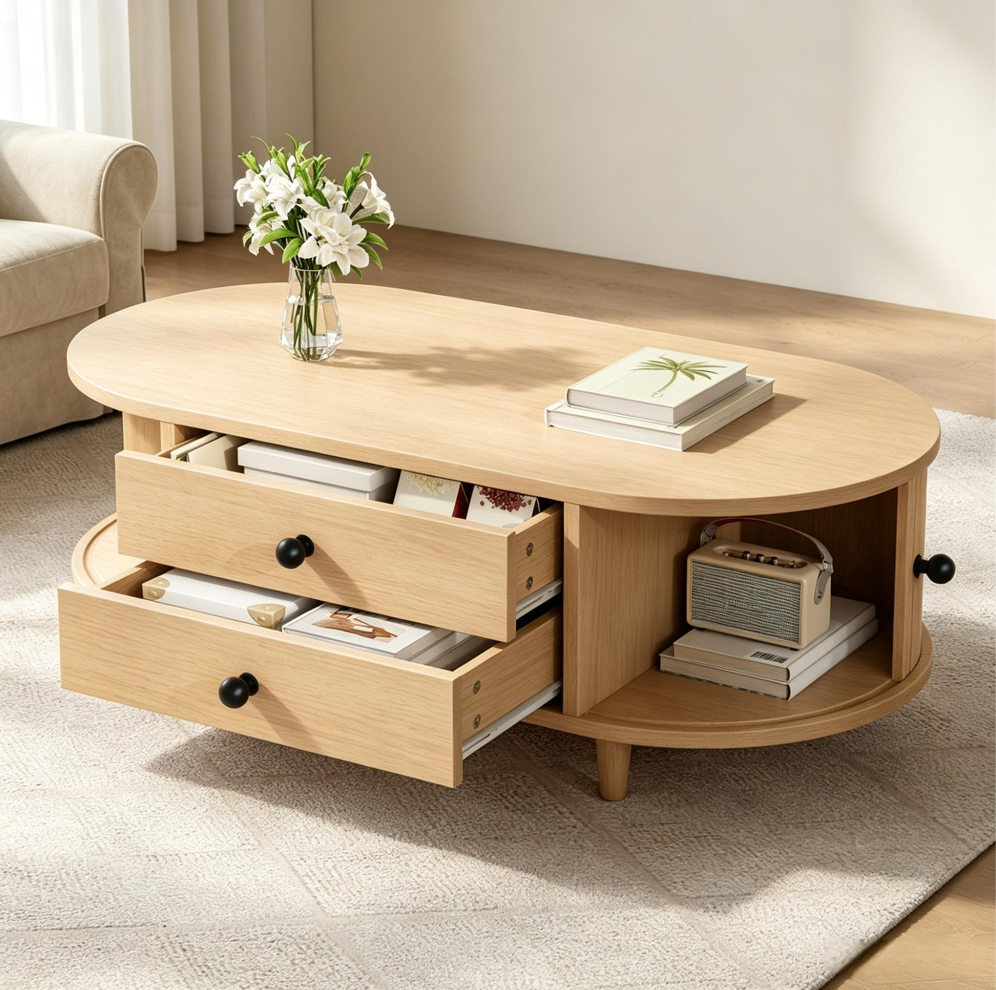 Table Basse Ovale 100 X 50 X 36 Cm Avec 2 Tiroirs Et Portes Roulantes, Mdf, Bois Clair